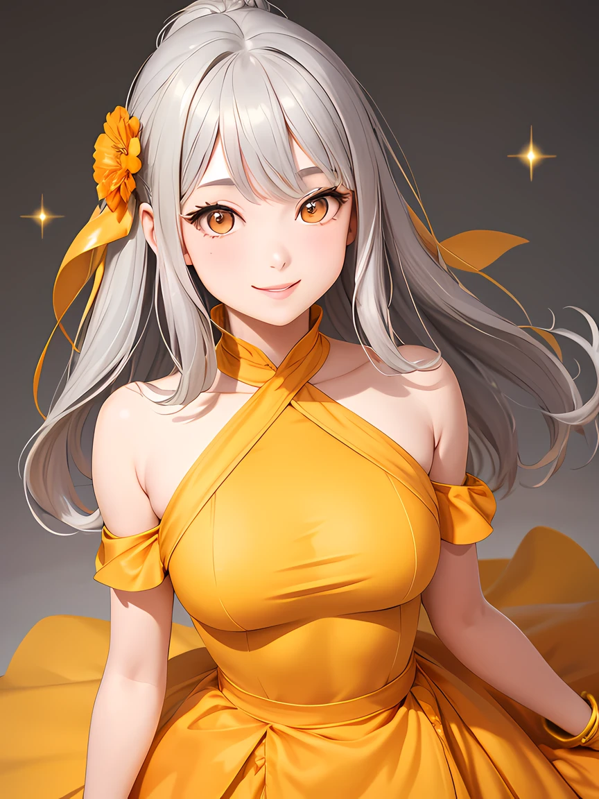 masterpiece, best quality, 1 girl, gray hair, (orange eyes), smile, (yellow dress:0.9), yellow background, sparkles, upper body
