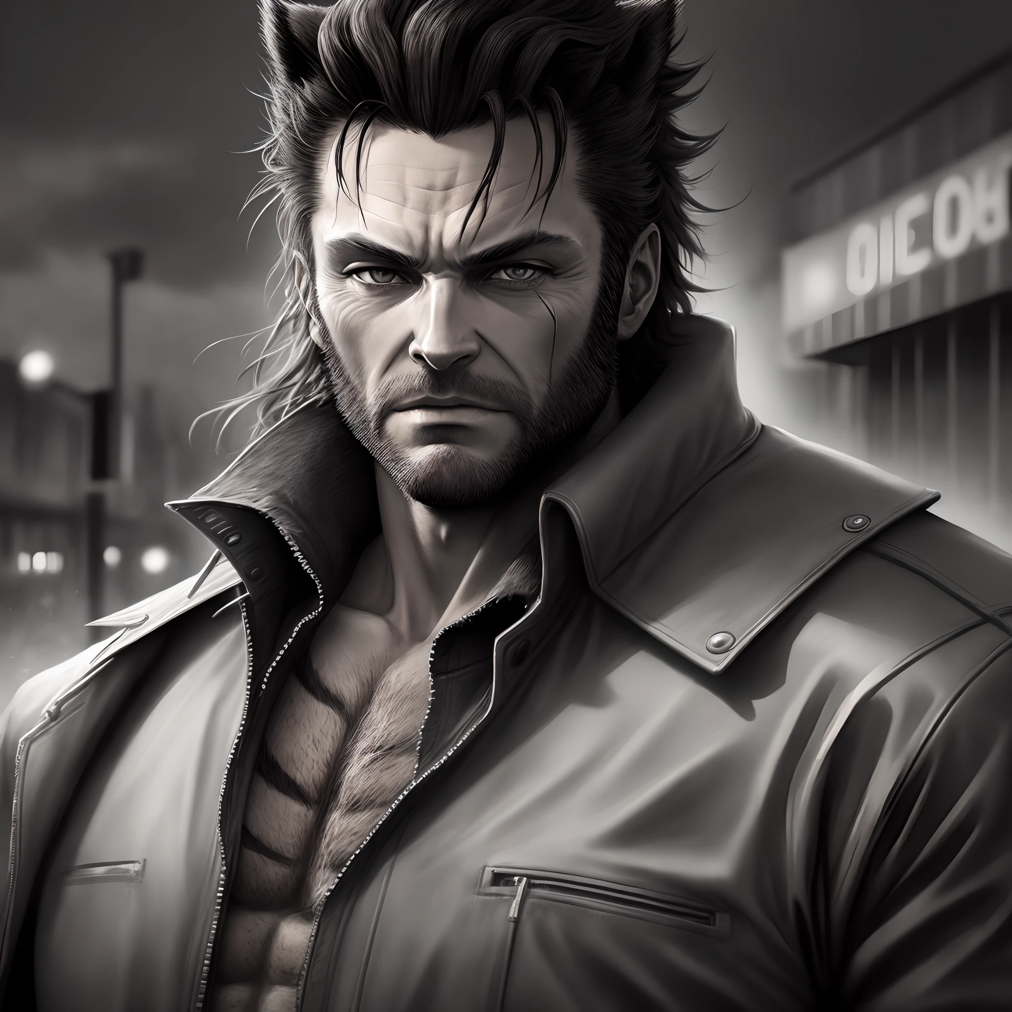 Wolverine,portrait,mafia,Year 30,Realstic,black and White,pluie,nuit