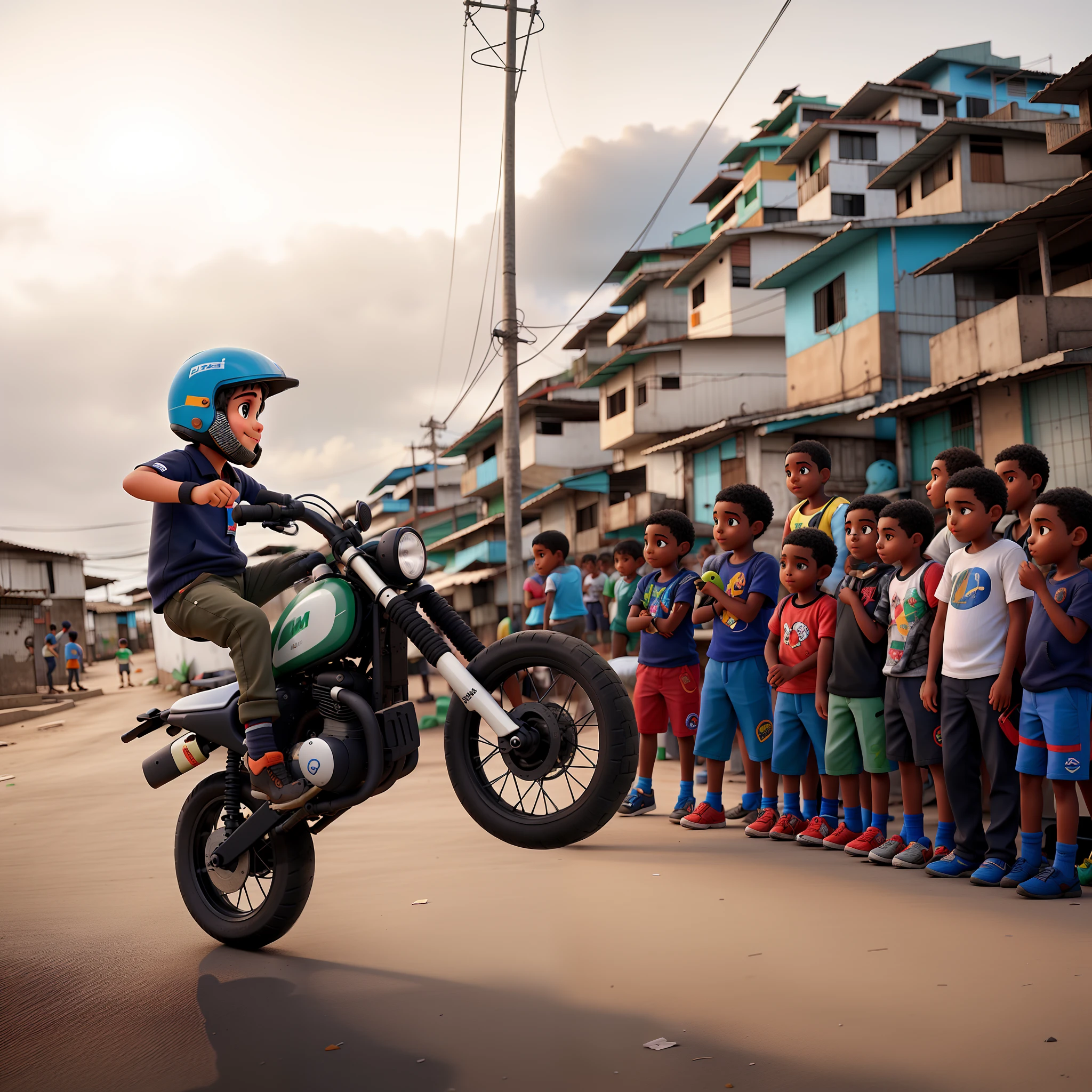 Um menino empina uma moto na favela, entertaining an audience of children.