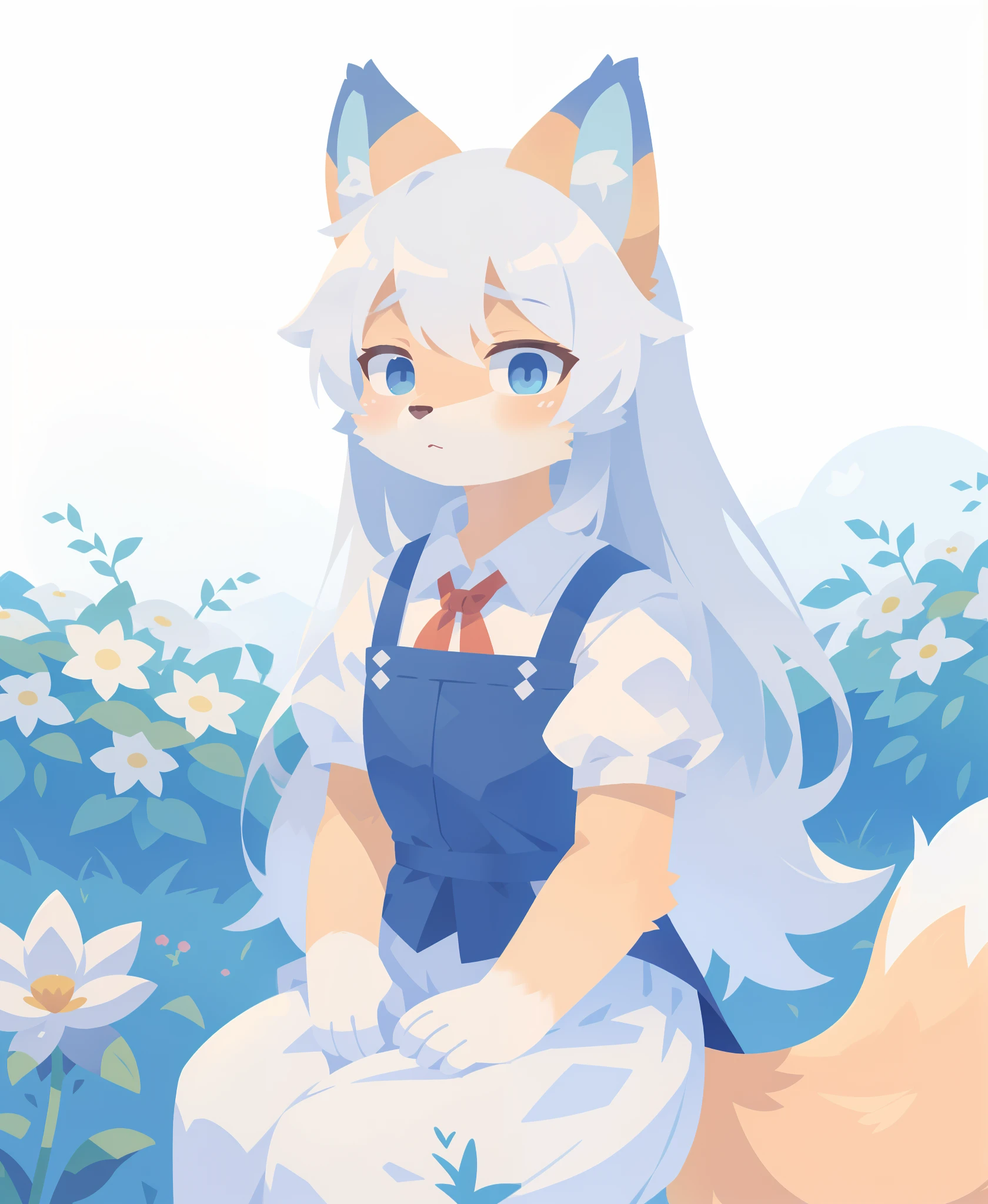 garden, flowers, plants, white shirt, bow, suspender skirt, anthro fox girl, fox tail, blue eyes, long hair, blue sky, white hair, looking at viewer, (white background:1.3), (best quality, masterpiece, illustration, ultra-detailed:1.3), (uploaded on e621, furry, anthro, kemono:1.3)