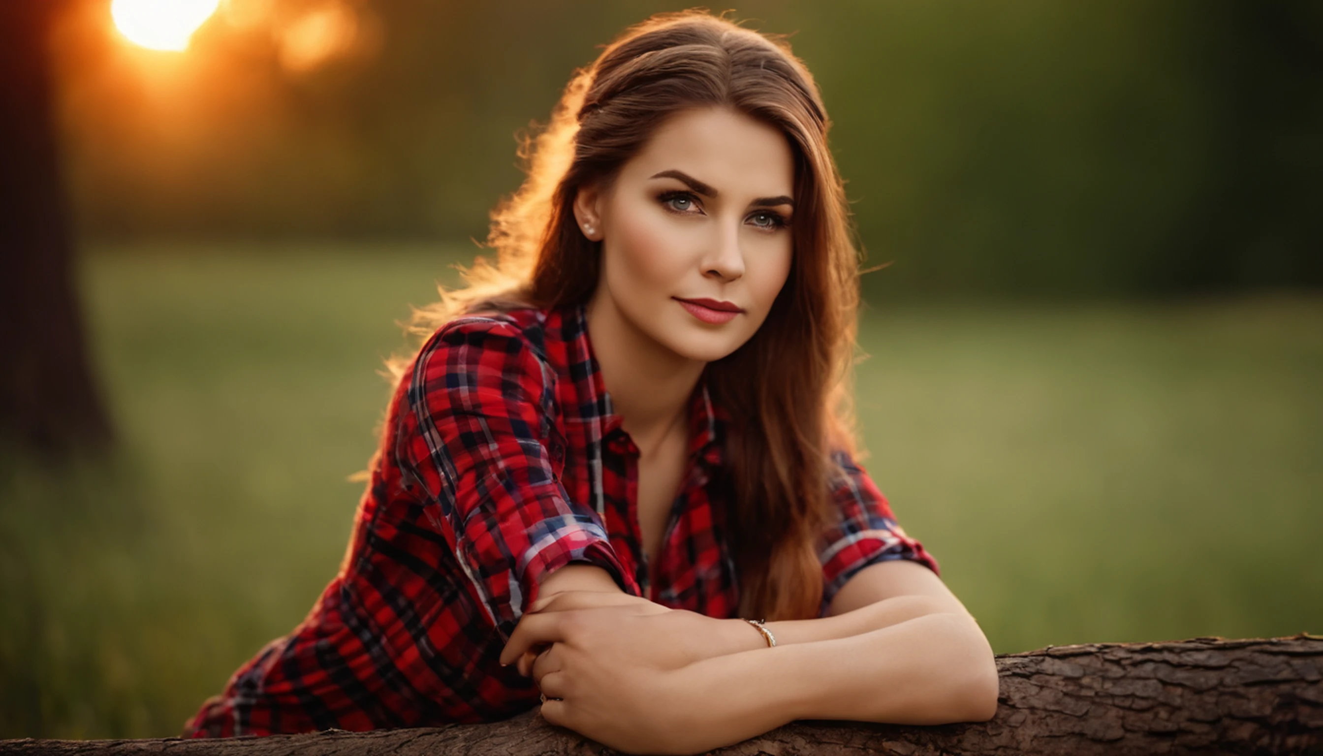 Village girl, field background, light brown hair, ponytail, sunset, farm animal background, afternoon, beautiful face, black eyes, checkered patterned shirt, red and white checked shirt,Brown jeans, brown gloves, white skin, resting on a tree, leaning against a tree, stunned face, natural beauty
