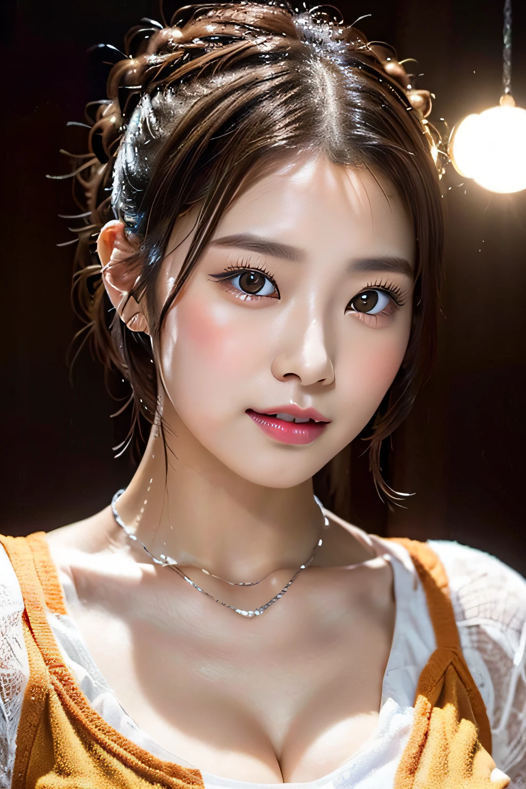 one girls,hair pin,a necklace,piercings,from below looking up,pointed red mouth,Blushing cheeks,He looks at the viewer with embarrassment,large full breasts,(Short hair with shiny silver and orange stripes,2 buns on braids,),(Professional Lighting),(8K,masutepiece,top-quality,Ultra-high resolution output image,),(intricate detailes,),(Image Mode to Ultra HD),depth of fields,Beautiful hands,Beautiful fingers,Detailed finger features,Detailed hair features,detailed facial features,detailed clothes features,