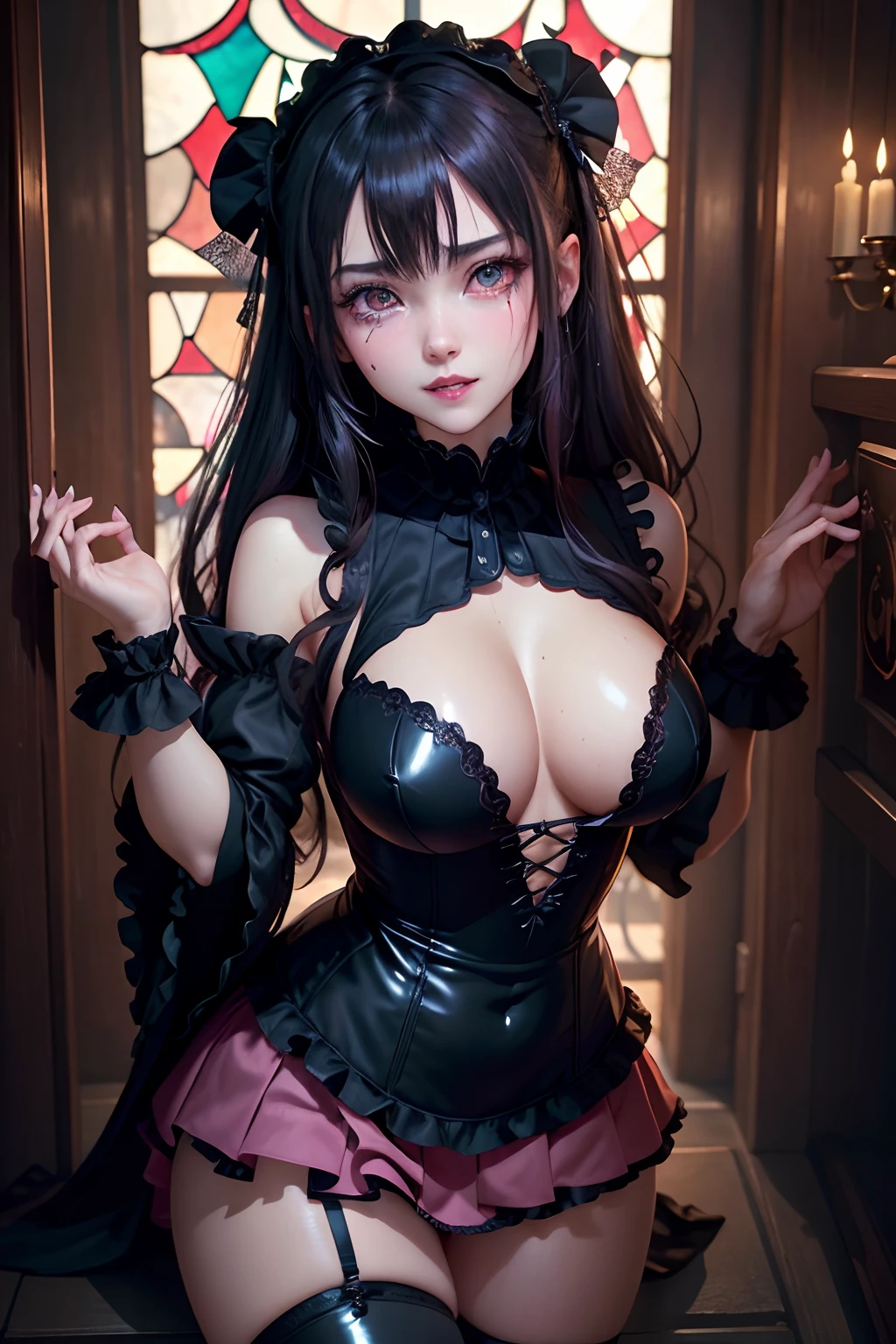 Hard Dark Gothic Makeup、Maniacal、Deep night sky、horor、Black Dark Eyeshadow、crying how bright、mourn、Good skin luster、Long hair straight hair、Dark Gothic Makeup、Dark smile、Restless Palace、Expressions of sexual arousal、Fragrant beauty、22year old、Lying、seductiv、Strong sexual pleasure facial expressions、A look of shame、Dark Gothic、Gothic ta、bell sleeves、Wizard Sleeve、Obscene look、Stained glass background、masutepiece、Best Quality、Refers to 5 books、Sweat glitters on my chest、Expression of sexual pleasure in anguish、Drunken face、maid clothes、Mysterious、noble、Face holding back the toilet、Flirty gothic lolithes、the body is wet and shiny、Transcendent sex appeal、sloppily open your legs、Glitter on thighs、I'm sweating a lot、Breast Size Medium、Affectionate smile、twin-tail hair、bright pink hair、The thighs are quite wet、Jet black ruffled mini skirt、Glamour、