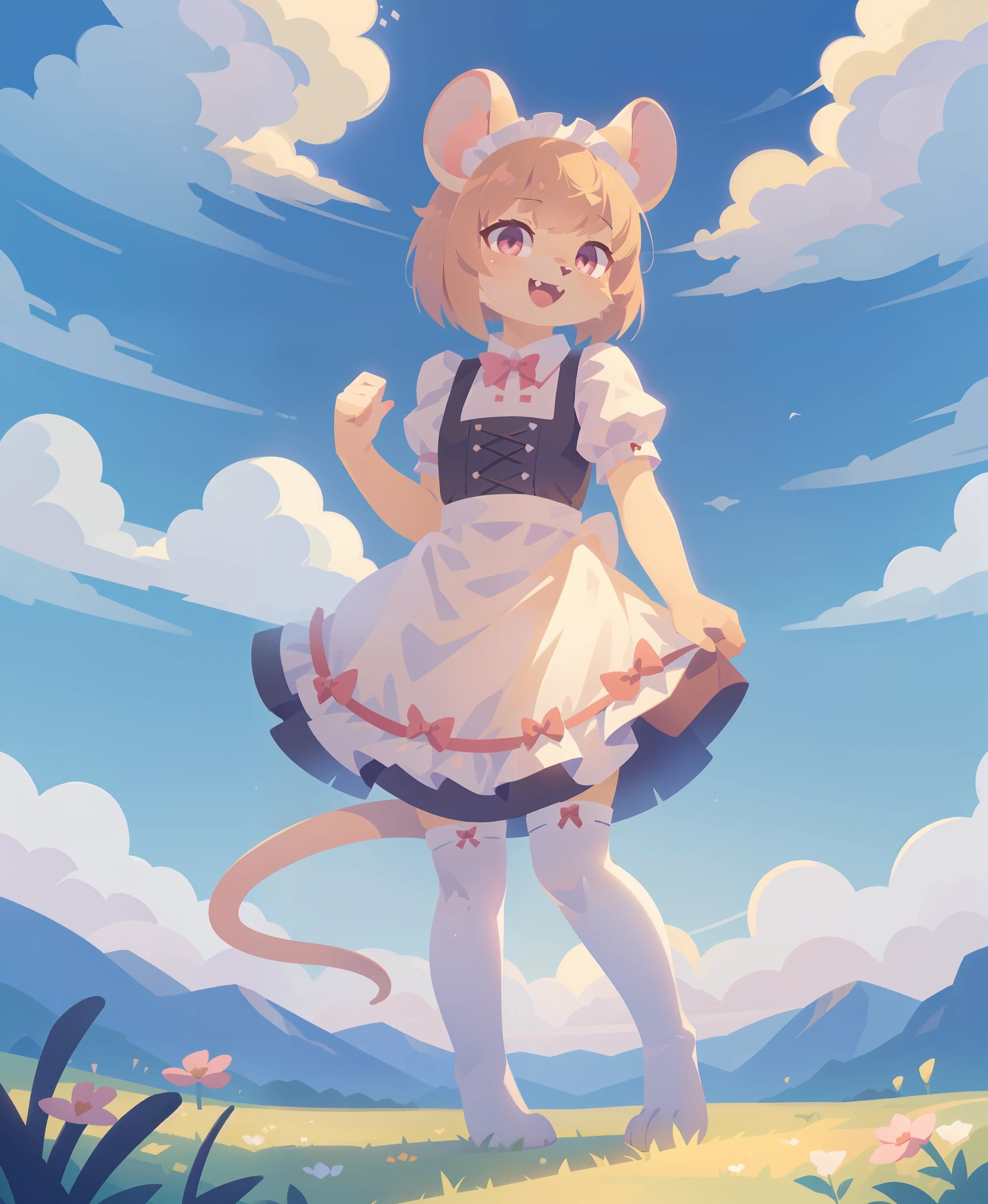 1girl, solo, maid, mouse girl, mouse ears, fang, :D, outdoors, white stockings, short hair, bob cut, full body, clouds, sunlight, bows, pink eyes, (best quality, masterpiece, illustration, ultra-detailed:1.3), (uploaded on e621, furry, anthro, kemono:1.3)