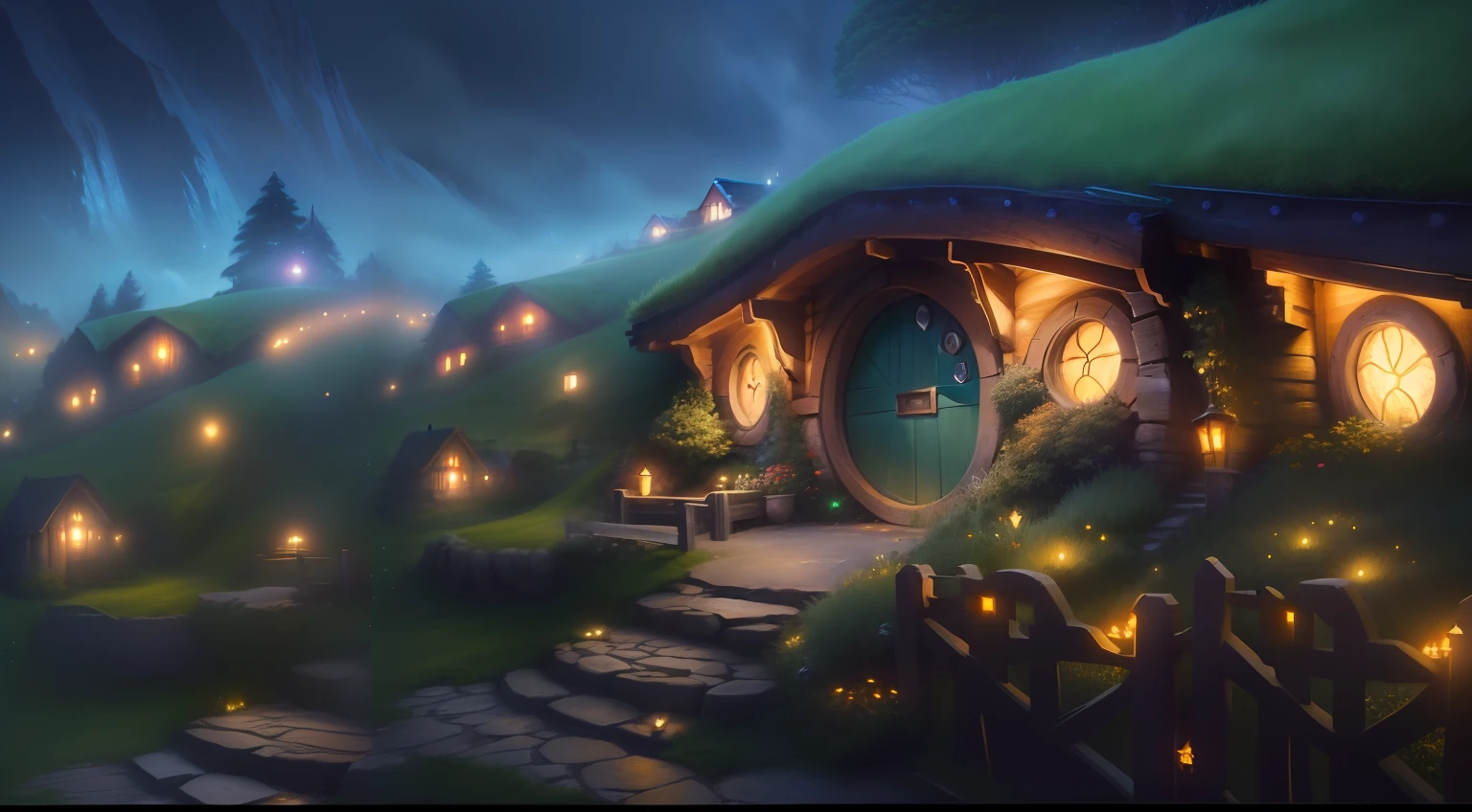 there is a painting of a hobbitt house with a lot of lights on it, hobbiton at night, the shire, realistic fantasy render, fantasy matte painting,cute, fantasy atmospheric lighting, 4k highly detailed digital art, amazing wallpaper, ultra realistic concept art, beautiful serene hobbiton, highly realistic concept art, the hobbit art, hobbit hole