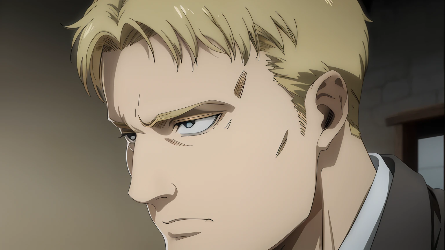 anime image of a man with blonde hair and a suit, vinland saga, official anime still, the art style resembles the character art style from the anime vinland saga and attack on titan, eyebrows, lashes and hair are shaded very realistically