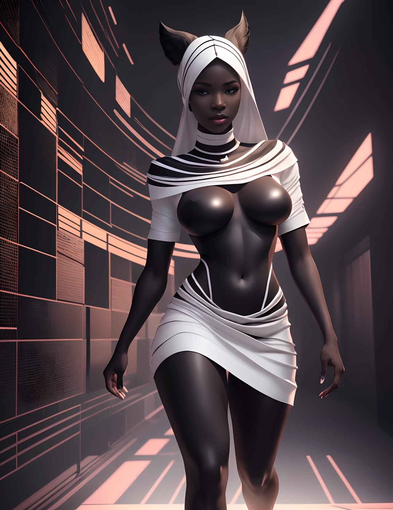 Black woman dressed in african designed clothes, white spotlight shining on her, walks on a very dark path in an empty grey place, dreamlike imagery, in between human shadows, human shadows trying to grab her but fail to reach her, surrealism art, fantasy art, arthouse art, creative art, red and white layers of colour in the background, surrealism, cinematic lighting, artgerm style, 32k, ultra HD, unreal engine rendered, hyper-realistic image, --auto --s2