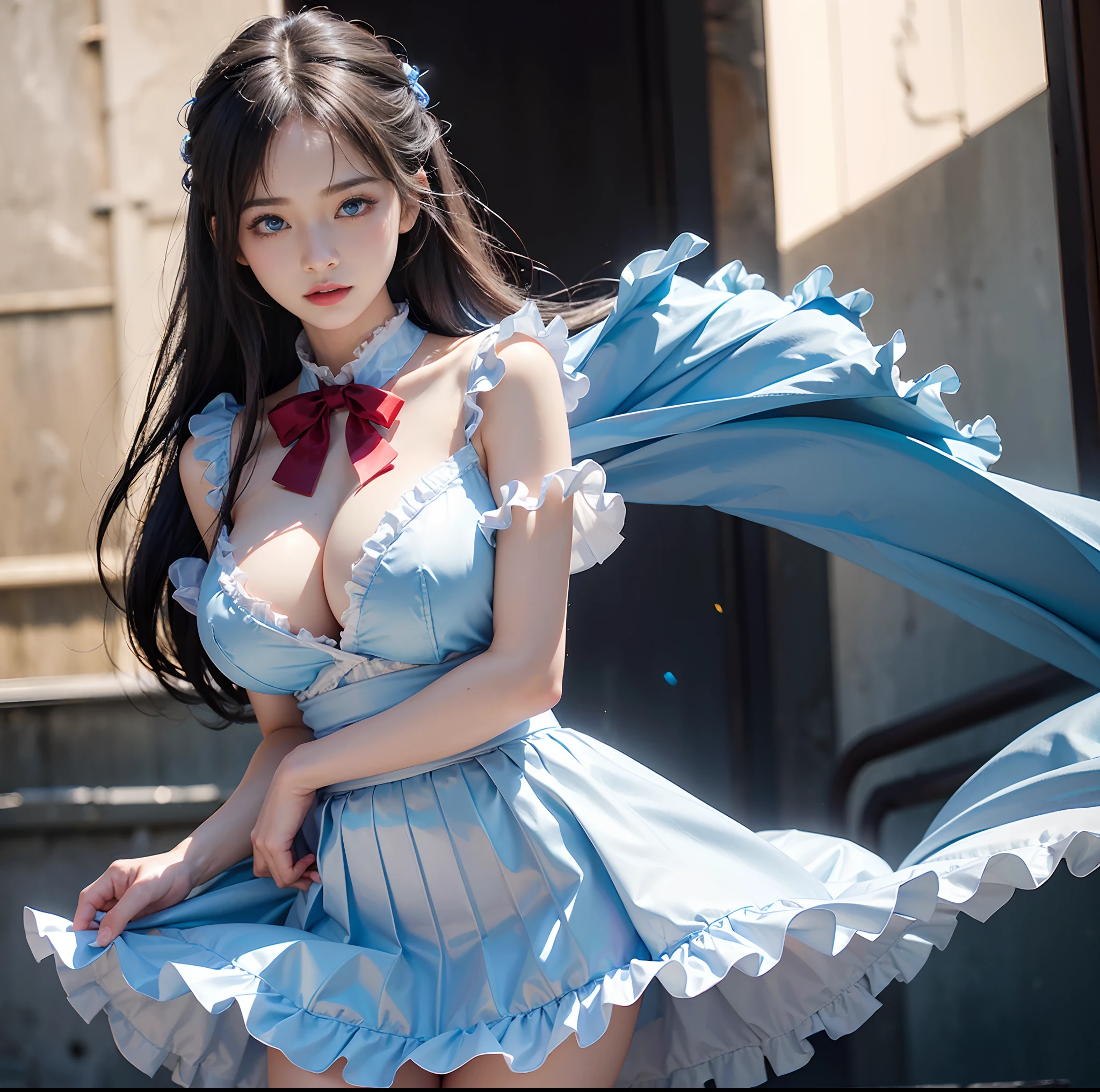 (top-quality, 4K picture quality, masterpiece, Professional lighting without shadows, A hyper-realistic), perfect anatomia, Two girls, ( with perfect body、Colossal breasts with tension:1.2), Bright and even whitening skin without wrinkles and steps, (Reflects a lot of light with bright and beautiful blue eyes with long eyelashes and plump red tear bags:1.2)、 Cute hairstyles, (girl's uniform gets wet and sticks to the skin, A tight-fitting blouse made of white ultra-thin fabric covers the upper body,、Dress up with a super short super mini pleated skirt), (The skirt is too short to be useful and looks frilly at the waist:1.5), (She proudly shows off her huge breasts and crimson ribbon tie from the front), (Another girl on the other side、- She is showing off her bare buttocks from directly behind), (sleepy half-eyes),