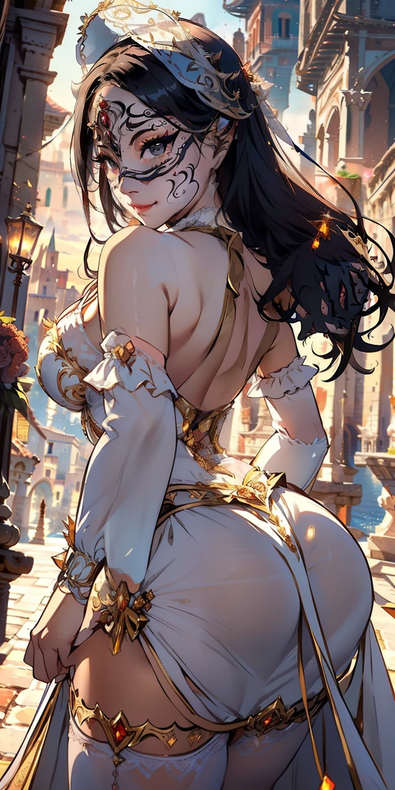 realisticlying、natta、Face Real、Emphasis on cleavage、-yeld giSideways view、Buttock emphasis。Wearing a white garter belt、(Emphasis on the thighs)、(Super close-up from below)Medieval Italy((Wearing the Venetian Mikloy((Masquerade))、Wear a tight-fitting amber long dress、Ancient castles in Italy、sexy pose、Face smile