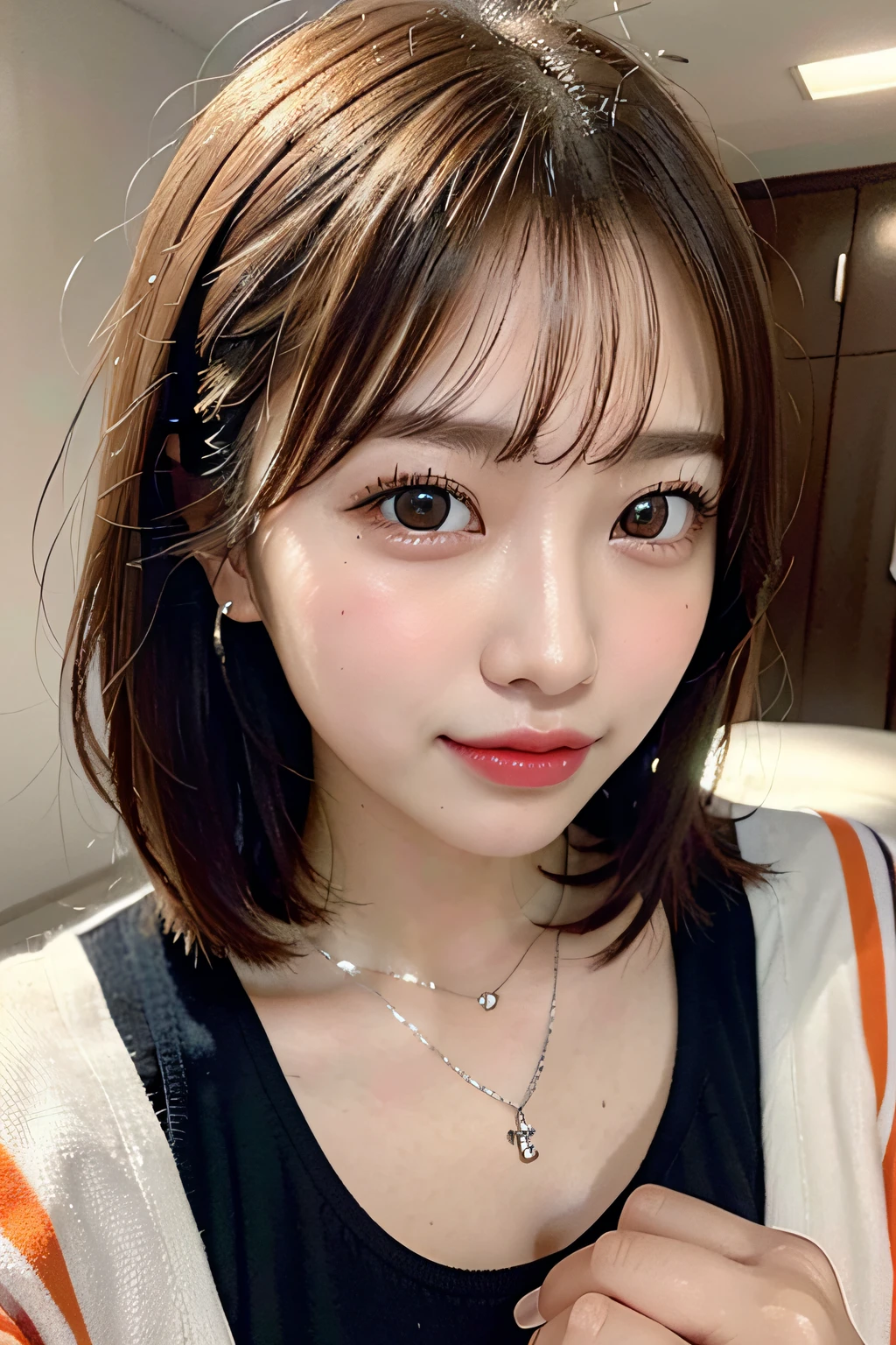 masterpiece, top quality, best quality, realistic, unity, 8k wallpaper, official art, extremely detailed CG unity 8k wallpaper, (original:1.2), (realistic: 1.4), ultra detail, high resolution, ultra detailed,amazing, fine detail, cinematic lighting,
(1girl:1.4 ), (brown|black hair:1.4), (short cut hair:1.4), (realistic skin:1.2), (light brown skin:1.2),(large breasts), beautiful girl with beautiful) etails, extremely detailed eyes and face, eyes with beautiful details,huge file size, ultra detailed and beautiful, blushing, ashamed,(smile:1.4), black eyes, model shoot tyle, full body shoot, (random color lace underwear), earings, chain necklace,