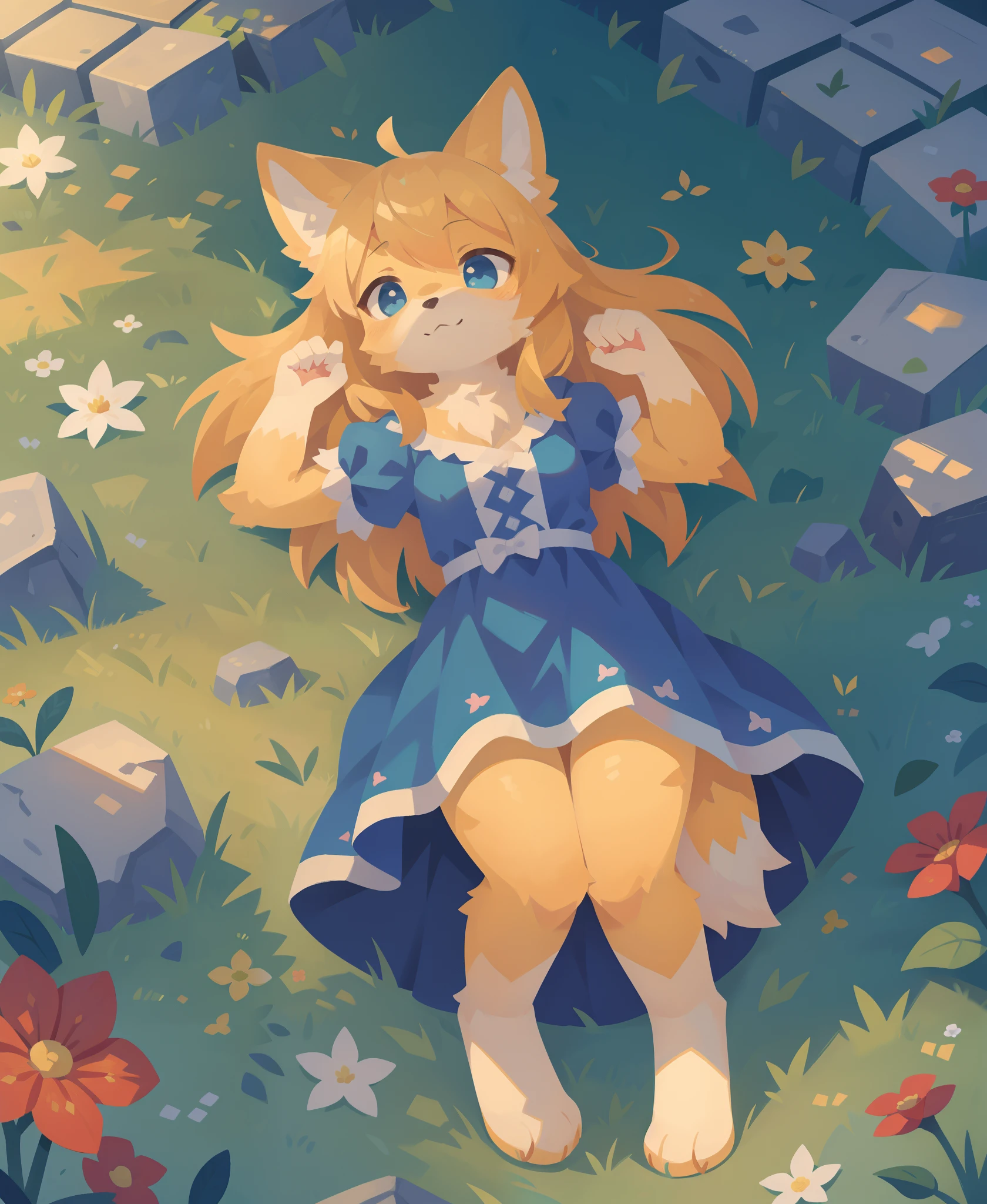 1 girl, alone, dog girl, yellow fur, yellow hair, dog ears, long hair, bow, blue clothes, (From above:1.3), Liar, outdoors, cobblestone road, plump sleeves, blue eyes, grassland, flowers,, (Uploaded to e621, furry, anthro, kemono:1.3),, (highest quality, masterpiece, figure, super detailed:1.3), (gouache, Oil, Impressionism), I pulled up my skirt, NSFW,spread your pussy, Bukkake