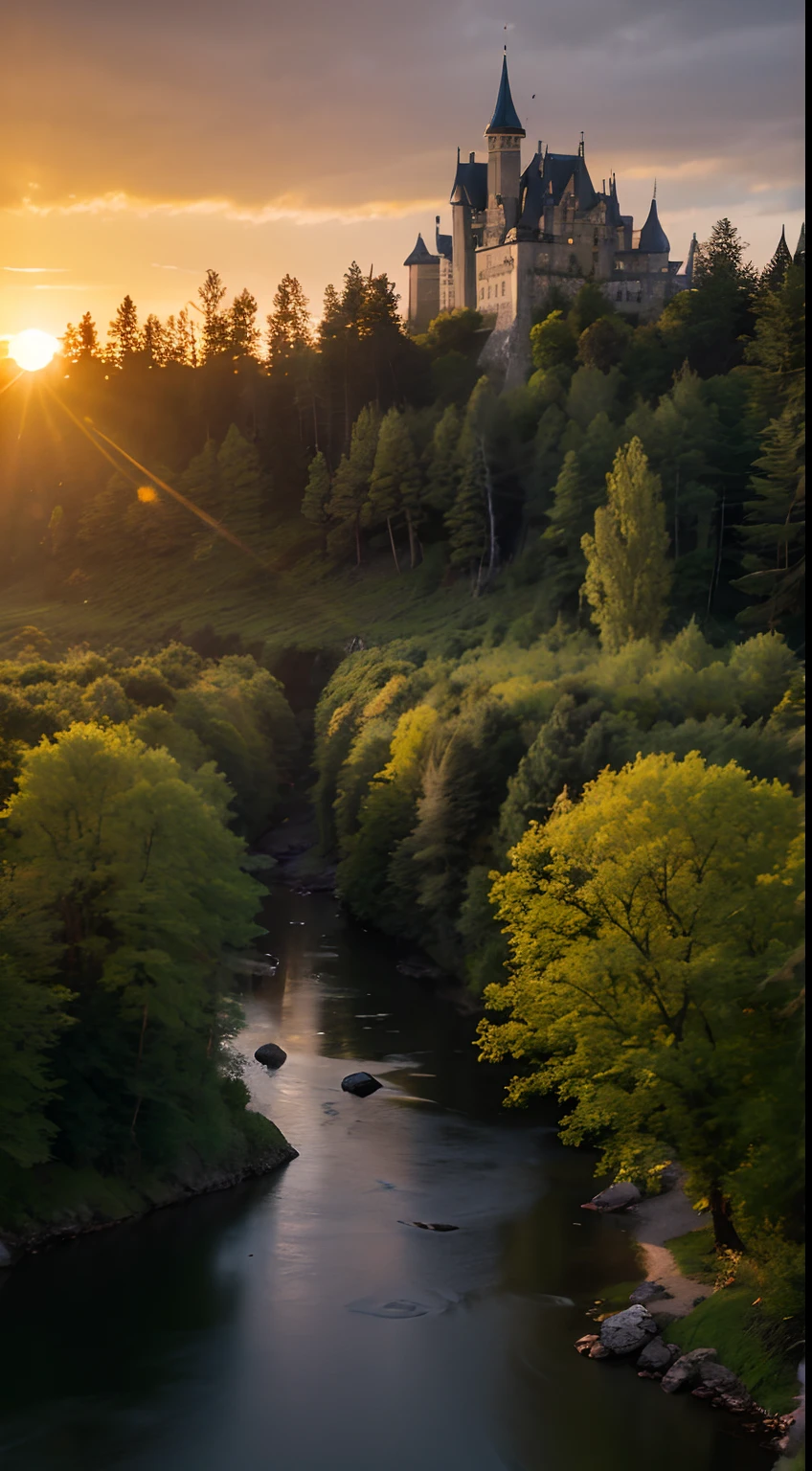 A castle in the forest,early evening,the setting sun,