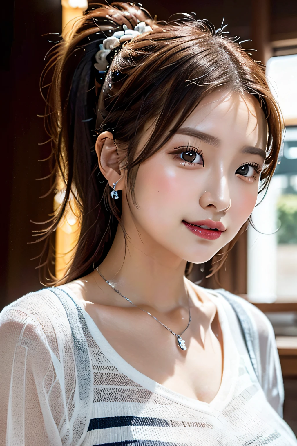 one girls,hair pin,a necklace,piercings,from below looking up,pointed red mouth,Blushing cheeks,He looks at the viewer with embarrassment,large full breasts,(Short hair with shiny silver and orange stripes,Ponytail decorated with elaborate braids and beads,),(Professional Lighting),(8K,masutepiece,top-quality,Ultra-high resolution output image,),(intricate detailes,),(Image Mode to Ultra HD),depth of fields,Beautiful hands,Beautiful fingers,Detailed finger features,Detailed hair features,detailed facial features,detailed clothes features,
