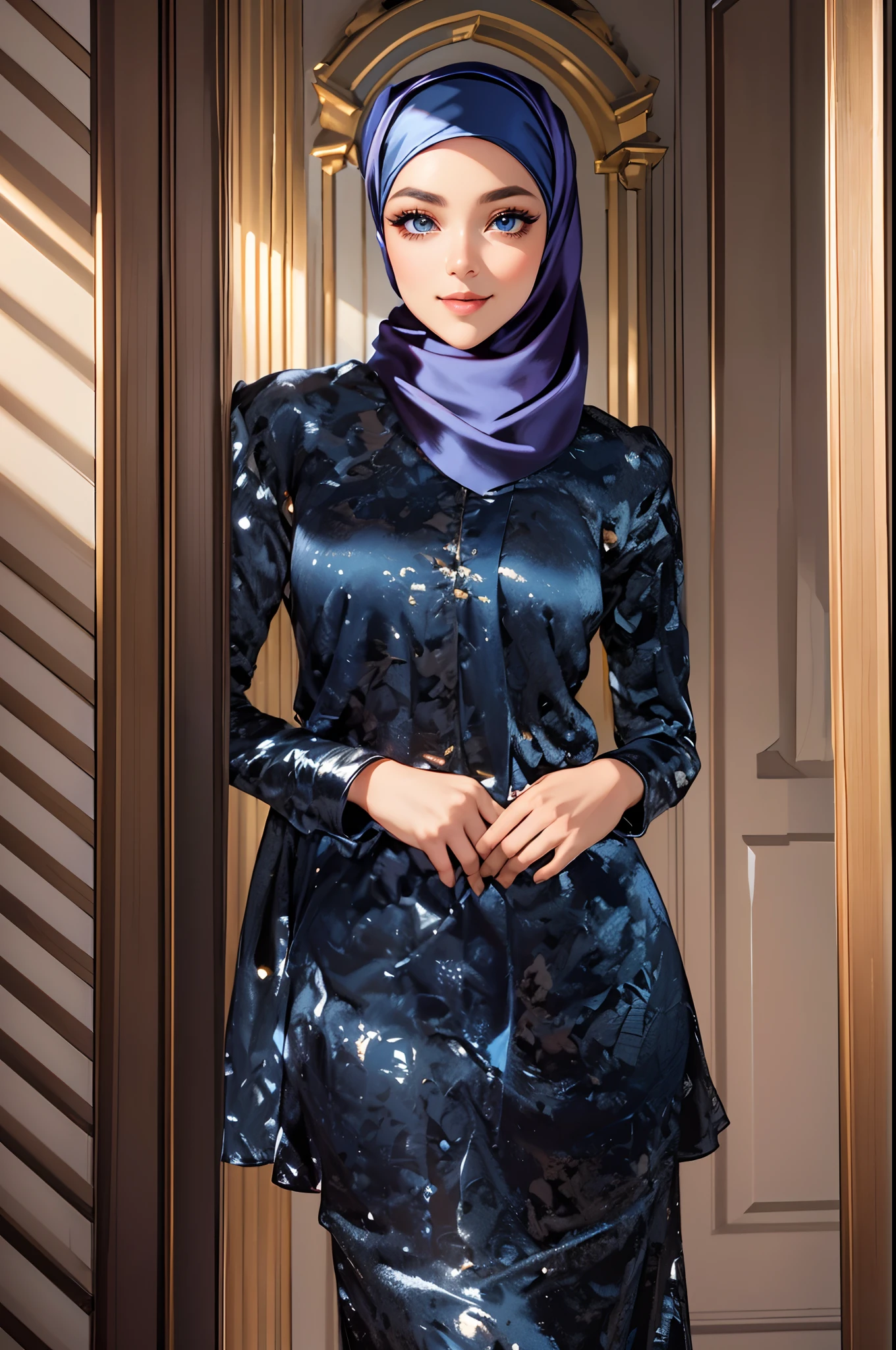 Masterpiece, realistic, best quality, best lighting, 1 girl photo solo, beautifully makeup, eyeshadow, Parted Lips, Detailed Eyes, beautiful big eyes, long eye lashes, smile, wearing ((Dark blue satin headscarf)), loosely tide hijab style, ((Taupe satin shirt)), satin long skirt,