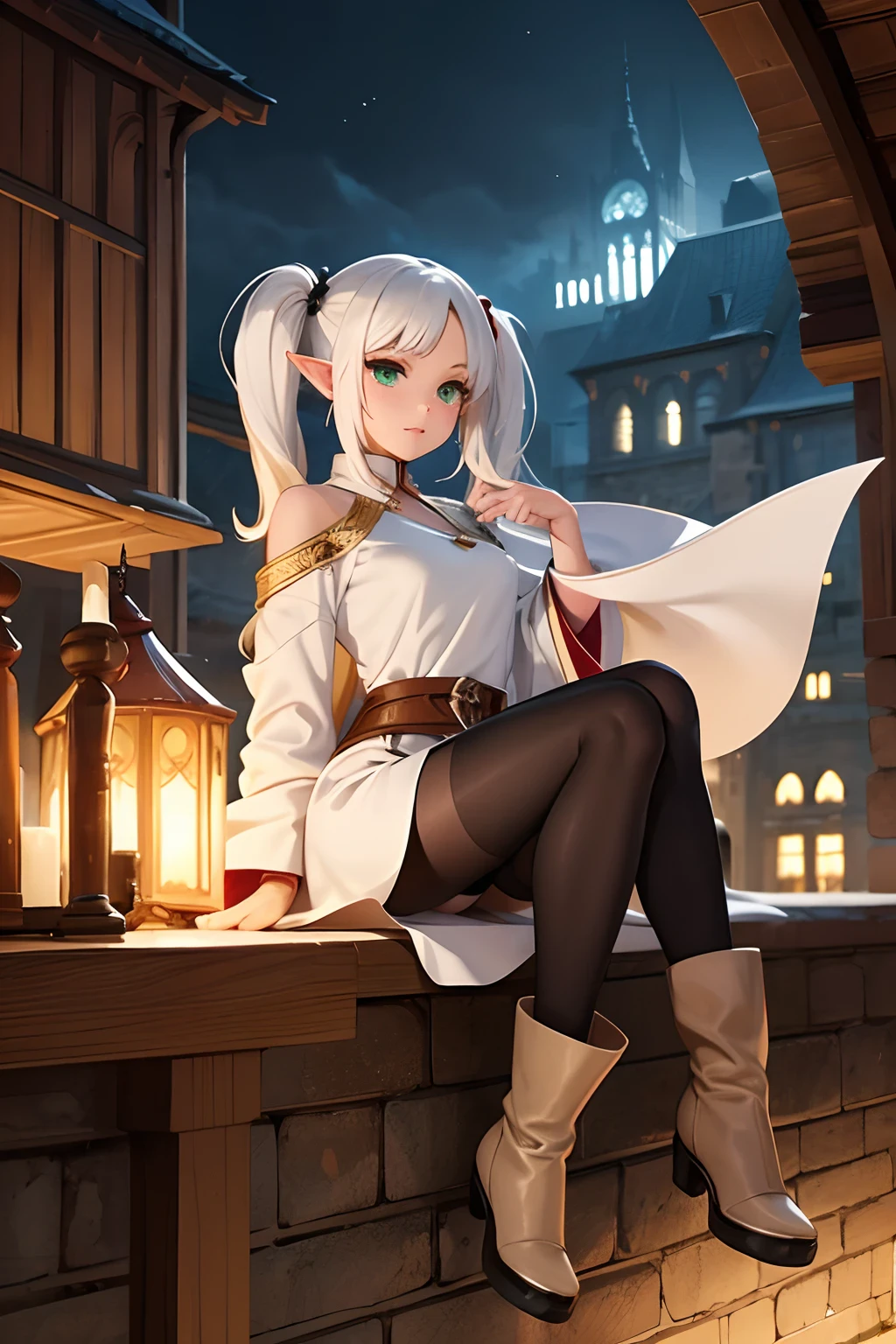 Female Elf、Twintails with white hair、Green eyes、White robes and skirts、Black tights、Brown boots、sorcerer、cana、Medieval cityscape