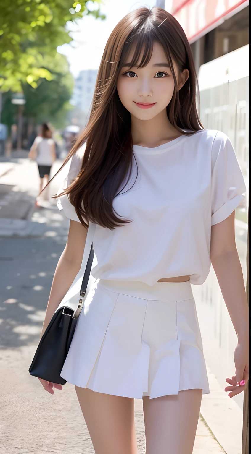 Girl with long and slightly thick legs、Tall model beautiful girl、beauty legs、long legged、ecchi、A girl with beautiful breasts with a slender constricted torso、Girl with a gentle smile、a miniskirt、Beautiful girl in maid clothes、Beautiful girl with a perfectly shaped face、Beautiful girl with small nose and lips、Girl with a small head、A beautiful girl with kind eyes、Girl in a beautiful kicking posture、perfectly proportions、kawaii、Healing Girl、Shorts inside a miniskirt、White handbags、