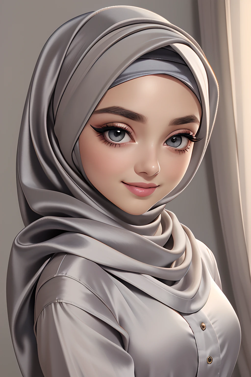 Character Design - a beautiful hijab woman character, beautifully makeup, eyeshadow, green eyes, Parted Lips, detailed eyes, beautiful big eyes, long eye lashes, warm smile,. She's dresses (blue dark satin headscarf)), loosely tide hijab style, ((Taupe satin shirt)), satin long pario. (Framing:head to thigh), front views, very beautiful face, centre of city background