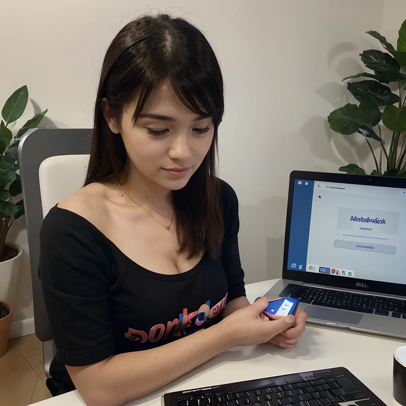 A person on a computer, providing social media tips with a call to action, showcasing the photo realistic depiction of social media platforms like Facebook and Instagram.