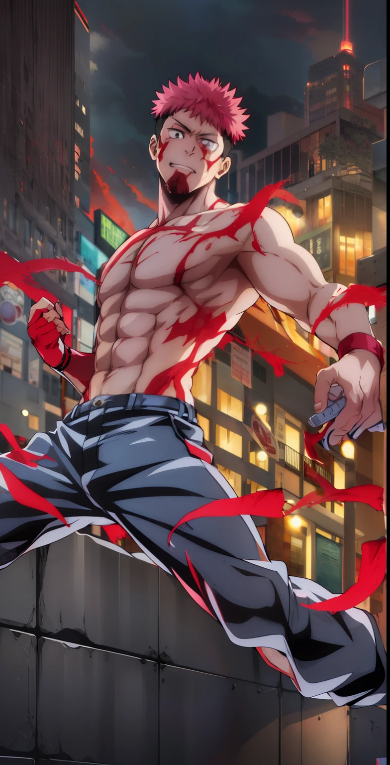 itadori_yuuji, Personaje de anime con cabello rojo y un cuerpo musculoso parado en una pared, Badass Anime 8K, epic anime style, Personaje del juego de lucha, Estilo baki, Trigger anime artstyle, Arte oficial de alto detalle, Estilo anime hiper detallado, striking manga artstyle, Ilustraciones oficiales, Ilustraciones oficiales HDR, Estilo anime 4K, destellos rojos con negros, lineas negras en los destellos rojos, edificios en llamas, exprecion de enojo, ojos detallados, boca detallada, evening lighting, oscuridad, Night setting, obra maestra,