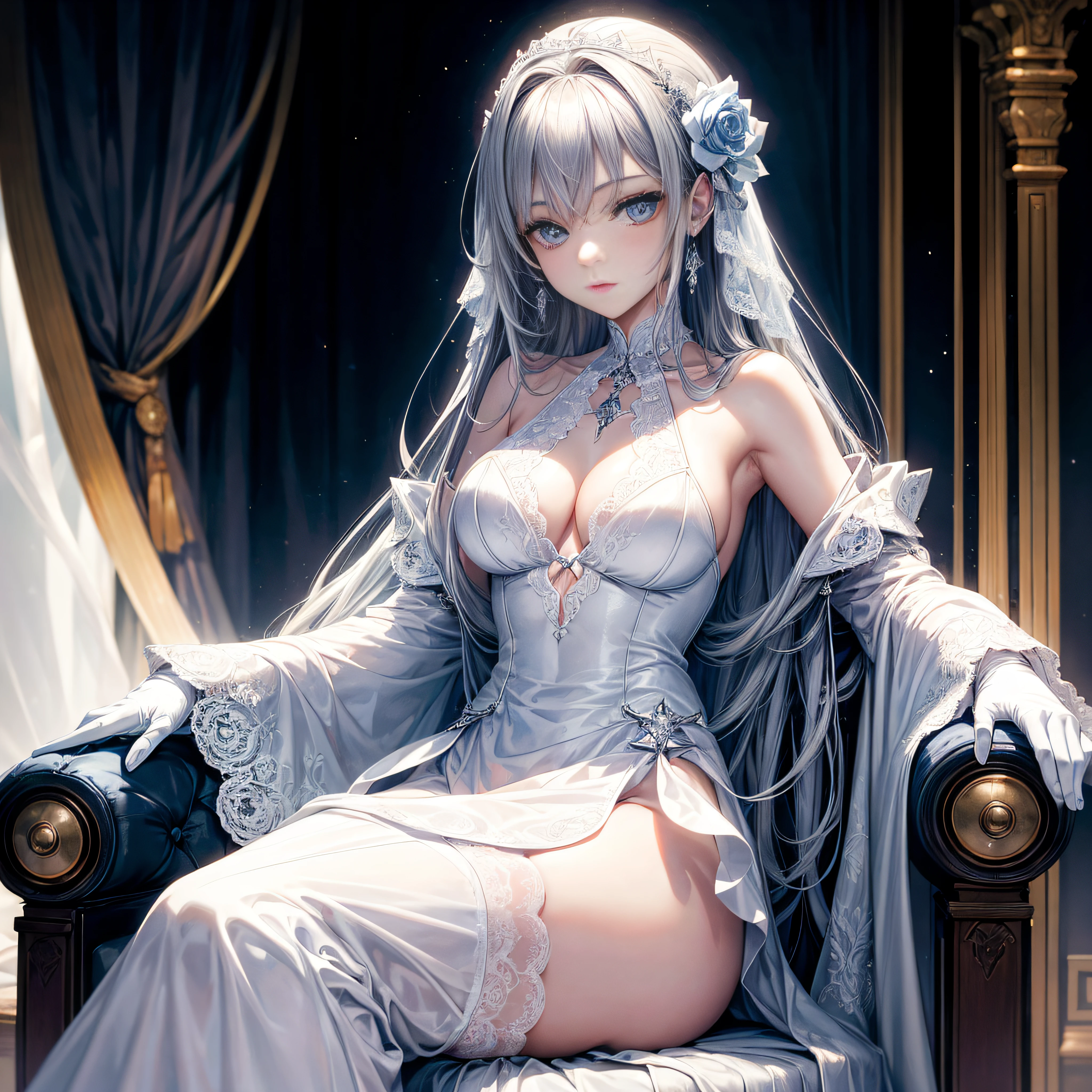 realisitic、top-quality、(One woman:1.5)、silber hair、length hair、blue eyes、sitting on luxury chair、white noble clothes、medium chest、Lace gloves