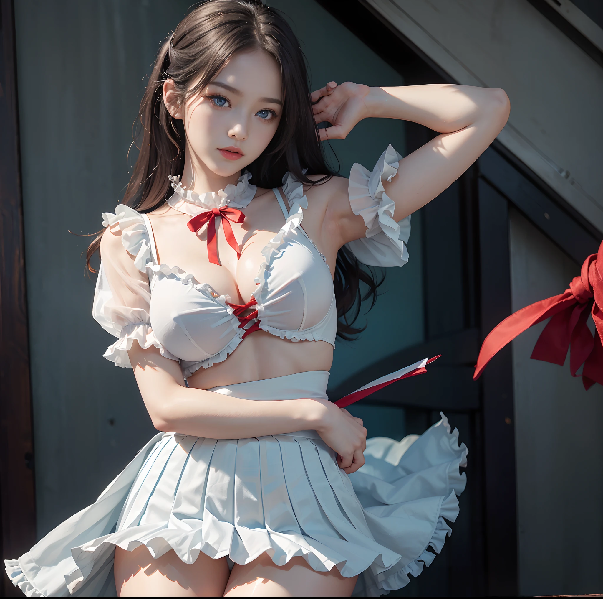 (top-quality, 4K picture quality, masterpiece, Professional lighting without shadows, A hyper-realistic), perfect anatomia, Two girls, ( with perfect body、Colossal breasts with tension:1.2), Bright and even whitening skin without wrinkles and steps, (Reflects a lot of light with bright and beautiful blue eyes with long eyelashes and plump red tear bags:1.2)、 Cute hairstyles, (girl's uniform gets wet and sticks to the skin, A tight-fitting blouse made of white ultra-thin fabric covers the upper body,、Dress up with a super short super mini pleated skirt), (The skirt is too short to be useful and looks frilly at the waist:1.5), (She proudly shows off her huge breasts and crimson ribbon tie from the front), (Another girl on the other side、- She is showing off her bare buttocks from directly behind), (sleepy half-eyes),