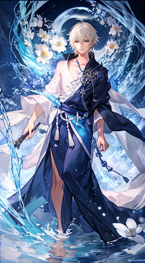 Anime boy in white dress standing in water，hold a flower, male people， zerochan art, trending on artstation pixiv, White-haired god, flowing magical robe, Digital art on Pisif , full portrait of elementalist, Beautiful celestial mage, By Yuumei, !!Full body portrait!!,  full-body xianxia