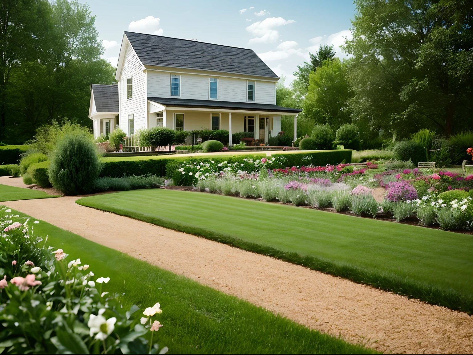 Small garden, outside, grass, green, path, planted flowers, daylight, white fence, country home in background, two-point perspective, human perspective,