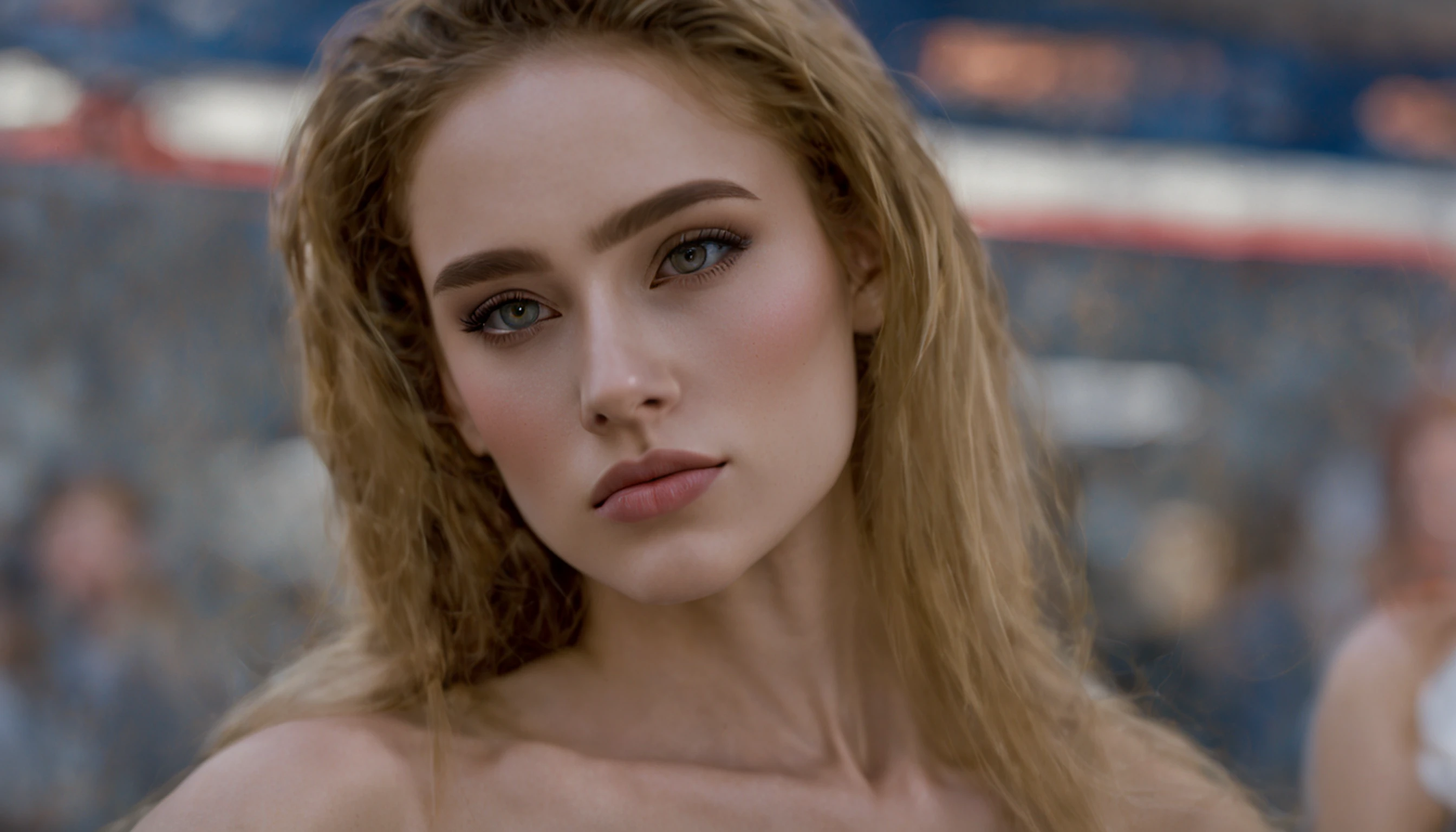 professional, (4k photo:1.1) by (Jeremy Lipking:0.3), (Dittmann Anna:0.3), (Arian Mark:0.3), (Sharp focus:1.3), high detail, wearing crop top, beautiful detailed face, hazel eyes, long blonde hair, (attractive young woman:1.3), (seductive:1.1), (blushing:1.1), hourglass body shape, small round breasts, wide hips, in club