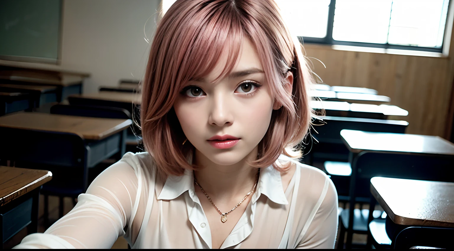 short hair, ((pink hair)), bangs, white blouse, striped tie, slender, 16 years old, detailed face, extremely beautiful face, beauty, exquisite face, classroom, curly hair