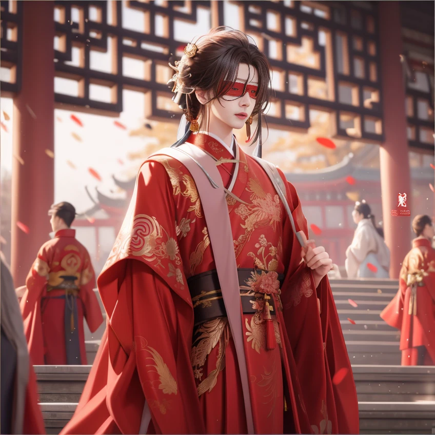 There is a man in a red kimono standing on a set of stairs, With a red blindfold,Palace , A boy in Hanfu, trending on cgstation, wearing gilded red robes, Guviz-style artwork, Hanfu, Wearing ancient Chinese clothes, Red robes, by Yang J, Beautiful character painting, cgsociety and fenghua zhong, Cai Xukun
