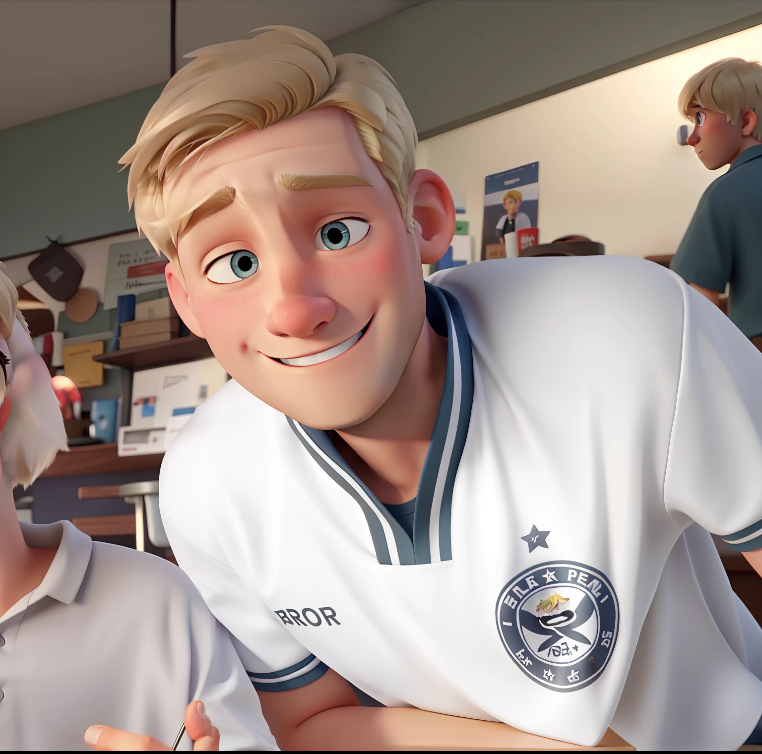 white and blonde short hair guy, in pixar style