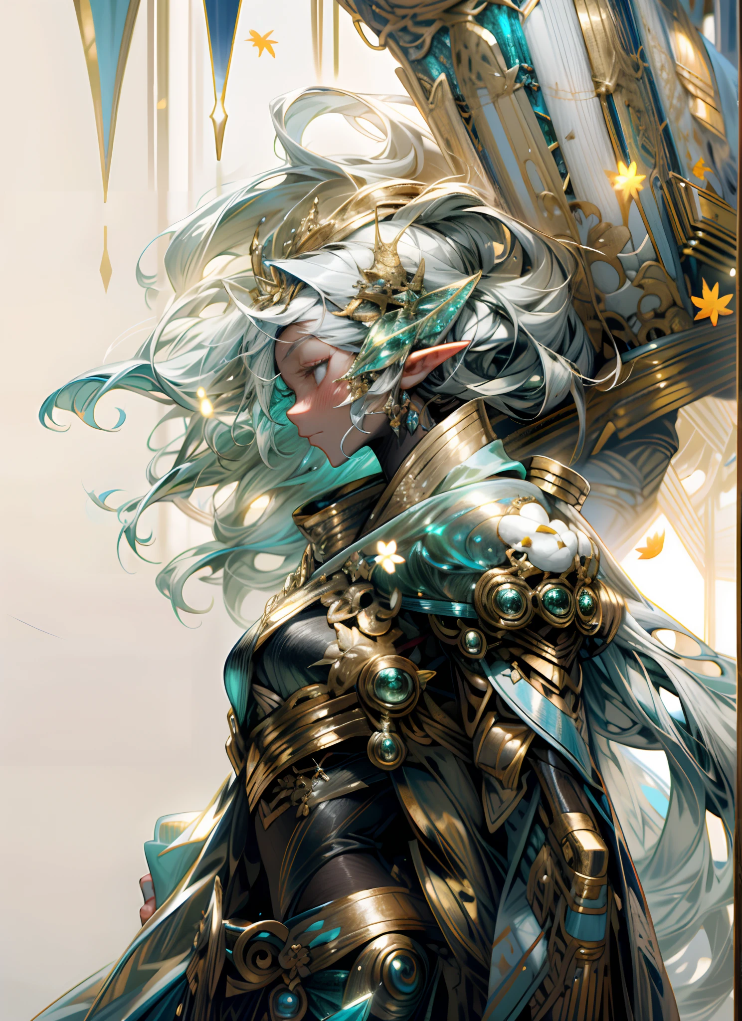 A sexy Fairy princess, snow, ice, icy breath, mist breath, cotton, ice blue, rings, skin, 24k As the mist settles over the swamp, a holographic gold and filigree silver portrait emerges, perfectly shaped and polished to perfection. An full body shot of an Elfgirl wearing a subtle autumn multi-color skirt shaped like a mushroom, on her head she wears a crown of autumn leaves twigs and flowers, in a plush autumn forest clearing which is the forest shimmers with an almost faint bioluminescents, dark as night, a lighted forest clearing at evening 8k