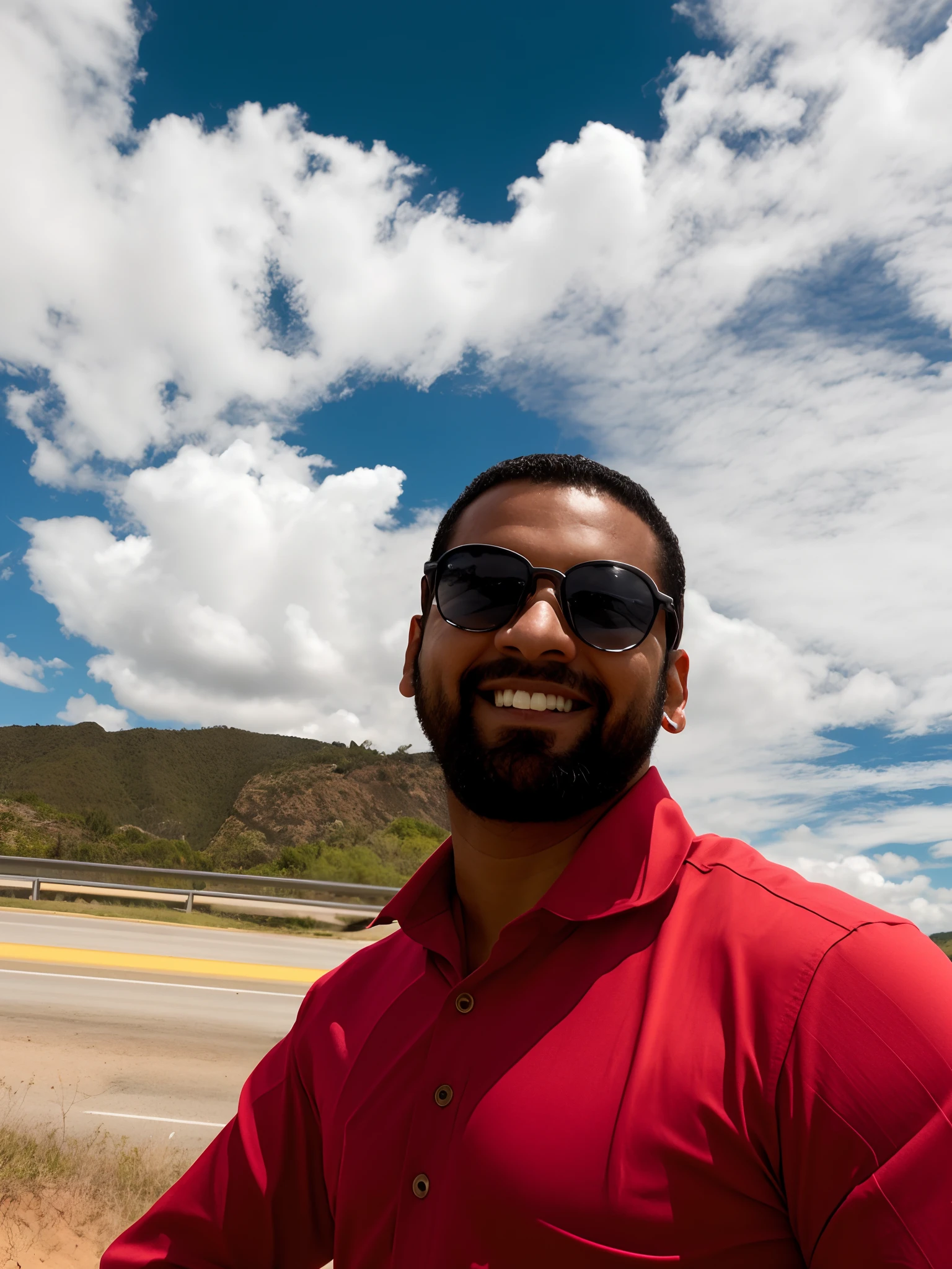 Smiling man in red shirt and sunglasses standing in front of a highway, com montanhas ao fundo, com montanhas no fundo, imagem do avatar, taken in the early 2020s, com montanhas como pano de fundo, vacation photo, em frente a um fundo de floresta, foto do perfil, Riyahd Cassiem, Barry Qindsor-Smith, david rios ferreira