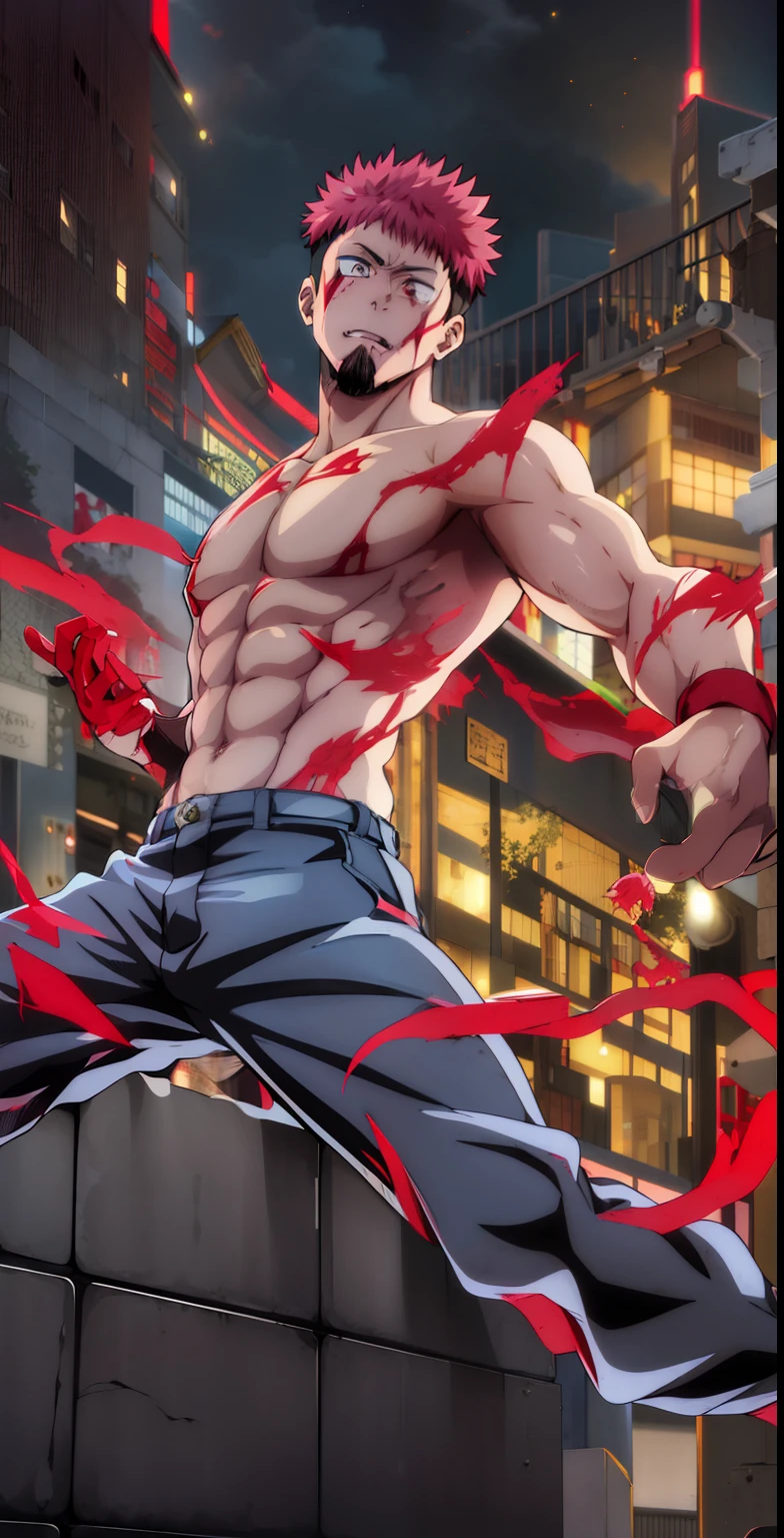 itadori_yuuji, Personaje de anime con cabello rojo y un cuerpo musculoso parado en una pared, Badass Anime 8K, epic anime style, Personaje del juego de lucha, Estilo baki, Trigger anime artstyle, Arte oficial de alto detalle, Estilo anime hiper detallado, striking manga artstyle, Ilustraciones oficiales, Ilustraciones oficiales HDR, Estilo anime 4K, destellos rojos con negros, lineas negras en los destellos rojos, edificios en llamas, exprecion de enojo, ojos detallados, boca detallada, evening lighting, oscuridad, Night setting, obra maestra,