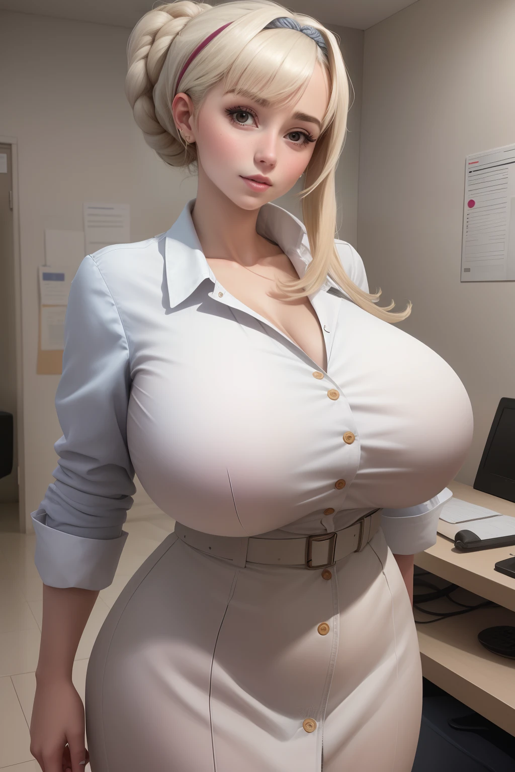 (best quality), big head, face confident, (merope with huge breasts:1.2) in a doctor blouse in hospital, full body