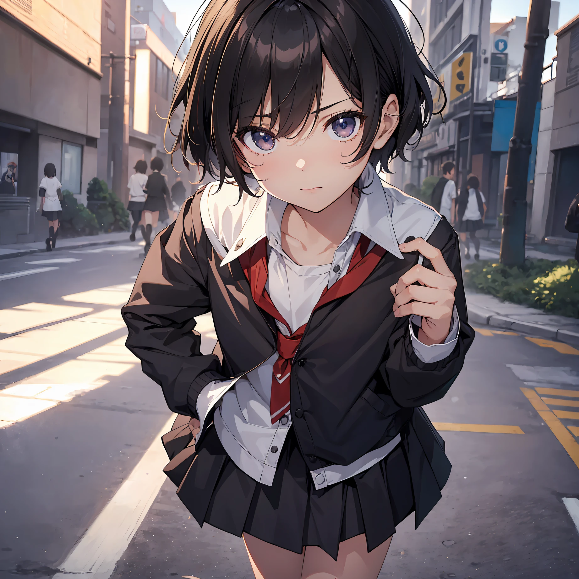 Portrait, Documentary, Photo, A girl is -yeld ger-neutral middle scrt black hair and small chest, walking on the school commute route with a tired expression, Short hair, School uniform, skirt, School commute route, High quality, Realistic, Eye-level shot, Medium shot, Front view, Natural lighting, School commute,break,1girl, (Solo,Loli face,13-year-old:1.5),a junior highchotudenandrogynous flat chest, Small butt, Beautiful detailed black eyes, disgusted eye,break,((top quality,anime style, ultra-detailed,high resolution,extremely detailed CG,unity 8k wallpaper,by famous artist,perfect anatomy,super detailed skin,cinematic lighting)),