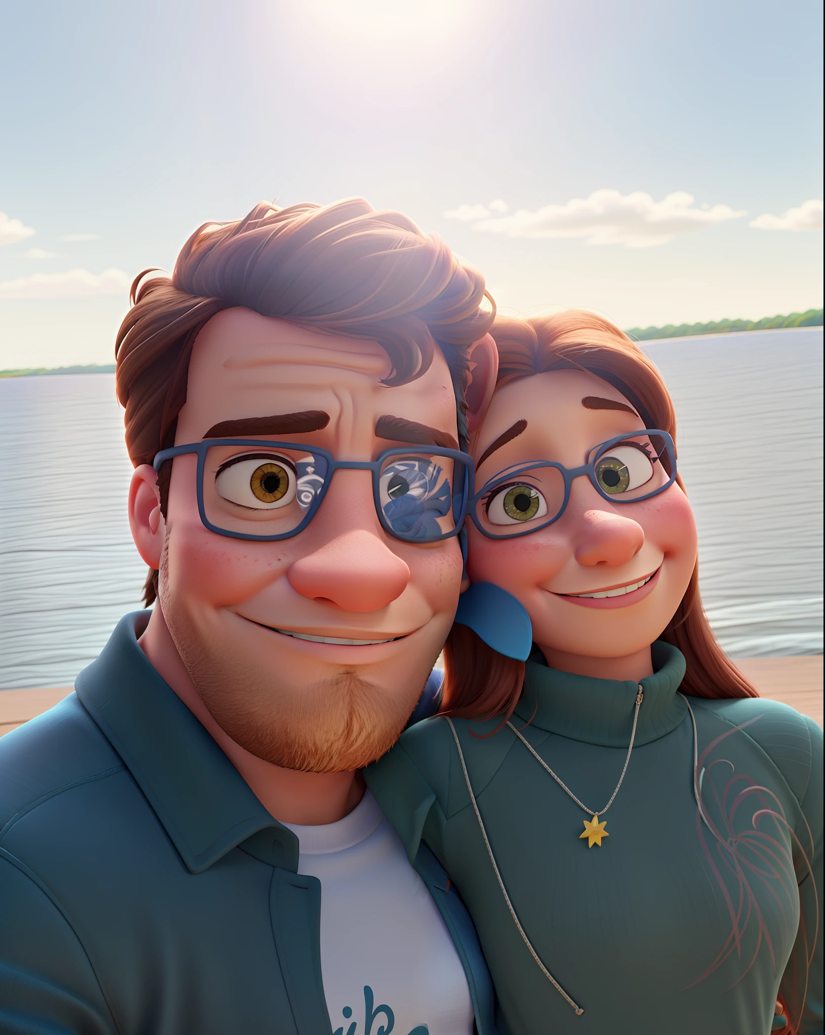 Uma mulher e um homem, hugged and happy in Disney Pixar style, alta qualidade, melhor qualidade