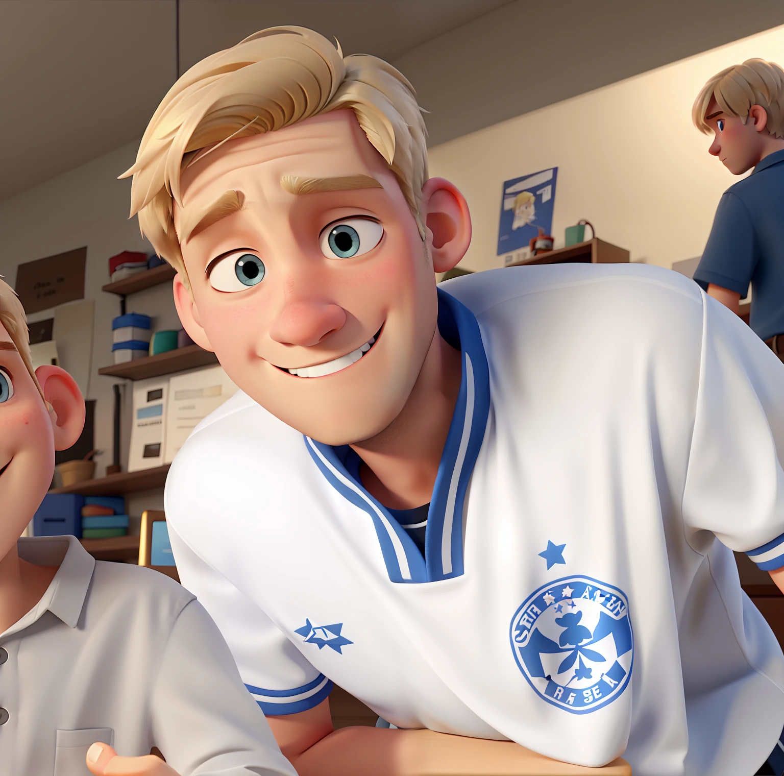 white and blonde short hair guy, in pixar style