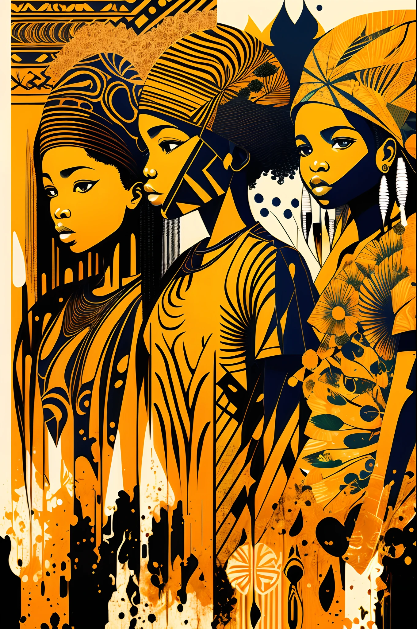A minimalist, t-shirt design with a vintage twist, african abstract art, emotional, uplifting, three colors, orange, yellow, cool, print, silhouette, indigenous people, African natural vegetation --auto --s2