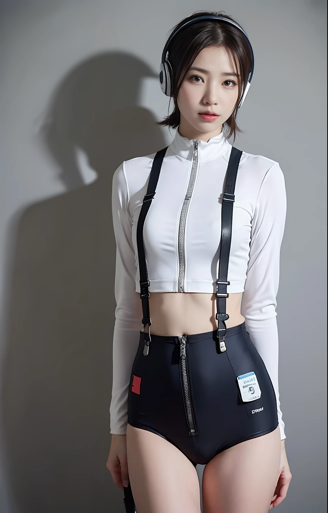 (Highest image quality, outstanding details, ultra-high resolution, realism: 1.4), (cowboy shot, from front, looking at another), highly condensed 1girl, delicate and beautiful face, big waist:0.7, thick thigh:0.7, perfect proportion, (chubby:0.55), short hair, (wearing racing suit as police uniform, black and grey mecha, wearing a high-tech headset, military harness, grenades), background simple grey wall,