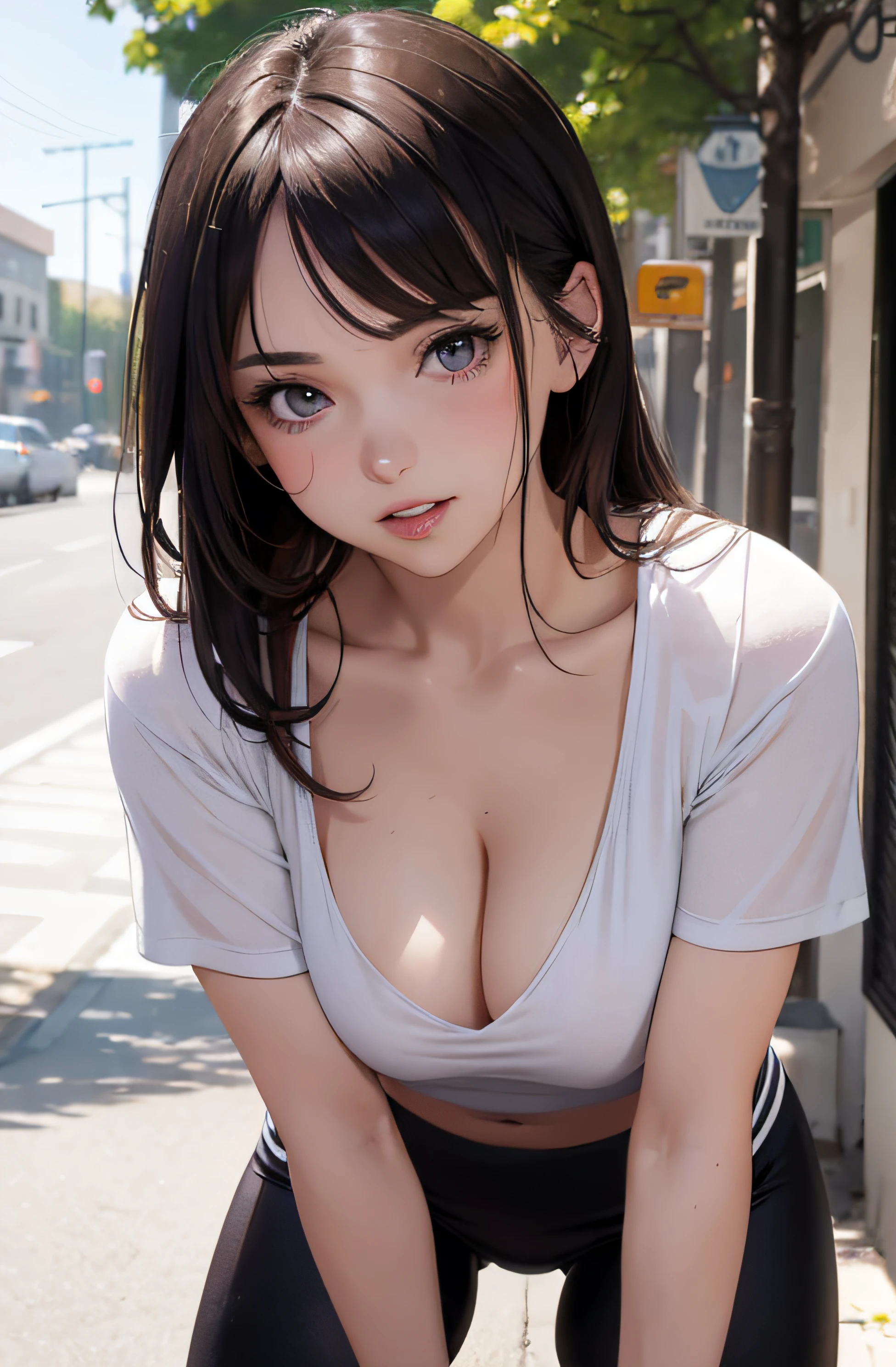 girl in summer clothes, t-shirt, leggins, making as if she wants to kiss you, (girl bending down looking at the camera), medium breasts, cleavage, random background, flirtatious look, ((very detailed)), (perfectly detailed face), (well detailed hand) photorealistic image.