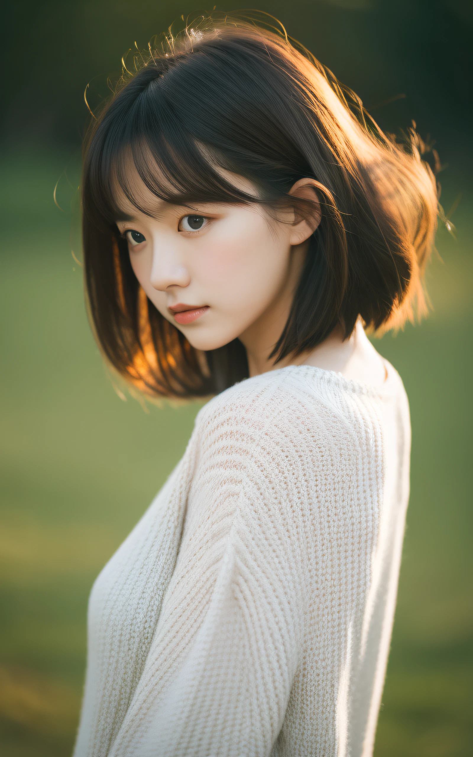 masterpiece, Best Quality, 8K, 20 yo, Large breast, Raw photo, Professional Photography, Portrait, Soft light, Professional Lighting, Back lighting, Solo, sad, close up, Cute, Girly, Delicate girl, Neat and clean beauty, Upper body, Looking away, Sophisticated, Film grain, (Eyes and faces with detailed:1.0), Medium length hair swaying in the wind, sweater
