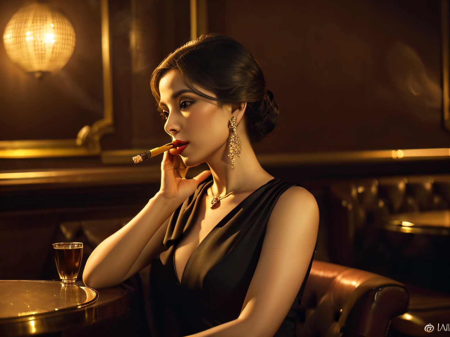 In a corner of a bar, a sophisticated Madam elegantly smokes a cigarette, while surrounded by a dimly lit and mysterious atmosphere. The scene exhibits a medium of oil painting, creating a vintage and nostalgic texture. The Madam exudes an air of mystery and elegance, with her detailed and captivating eyes and lips, framed by long eyelashes. She sits gracefully, clad in a sophisticated black dress that accentuates her slender figure. The bar is filled with high-end furniture and decor, adorned with velvet curtains, adding to the luxurious ambiance. The lighting is low, with soft shades of amber and gold, casting alluring shadows on the Madam's face. The air is filled with the rich aroma of tobacco, creating an atmosphere that transports one to an era of sophistication and allure. The prompt emphasizes the highest quality with (best quality, 4k, 8k, highres, masterpiece:1.2) to ensure a visually stunning output. The goal is to create an ultra-detailed and realistic image with professional studio lighting, vivid colors, and sharp focus. The prompt also highlights the art style of portraits, capturing the essence of the Madam's elegance and charm. The color tones are warm and earthy, with a touch of vintage elegance, further enhancing the ambiance of the scene.