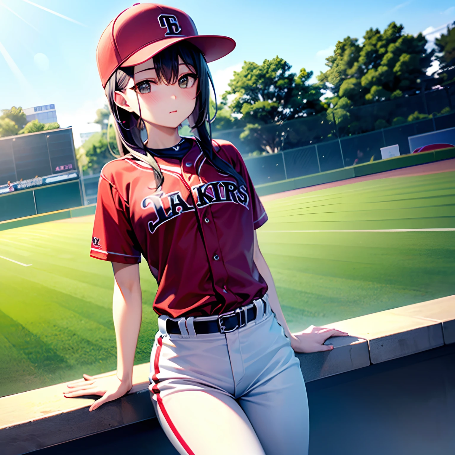 baseball uniform　Red color main body　baseball field