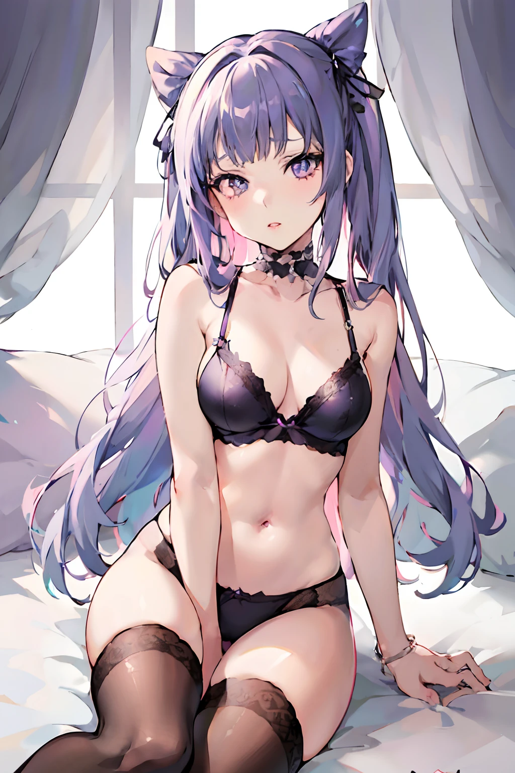 Anime girl in lingerie sitting on bed with window open, Seductive Anime Girl, small curvy ****, Cute anime girl, Beautiful anime girl, pretty anime girl, (Anime Girl), charming anime girls, nightcore, Anime Girl, best anime 4k konachan wallpaper, guweiz, anime moe art style, from girls frontline, Anime Waifu，（Hanging eyes），Purple and black detail lace see-through lingerie，Glossiness，angry expressions，Glitter eyes，lip stick，Glossy lips