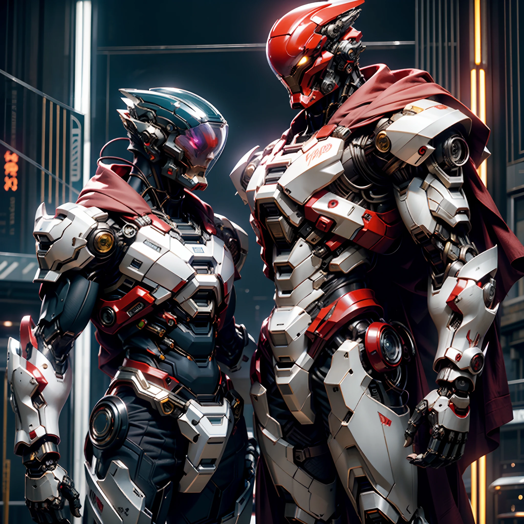 fantasia sombria, Cyberpunk, mechanical marvel, Branco-Vermelho: 1.1, Mecha, armadura mix do homem de ferro da marvel e halo's masterchief na cord amarela, desgastado pelas batalhas