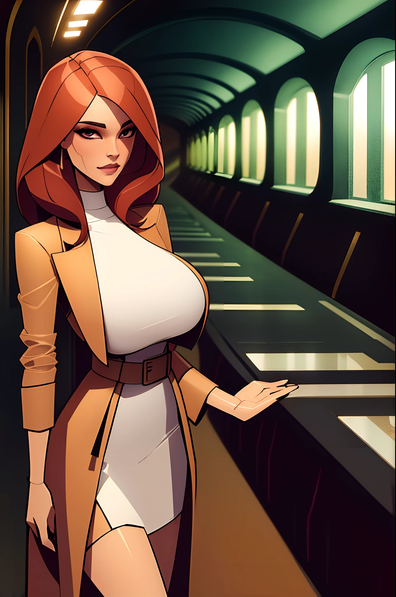 Masterpiece, dark orange hair, perfect face, busty, light beige trench coat, white shirt, black skirt