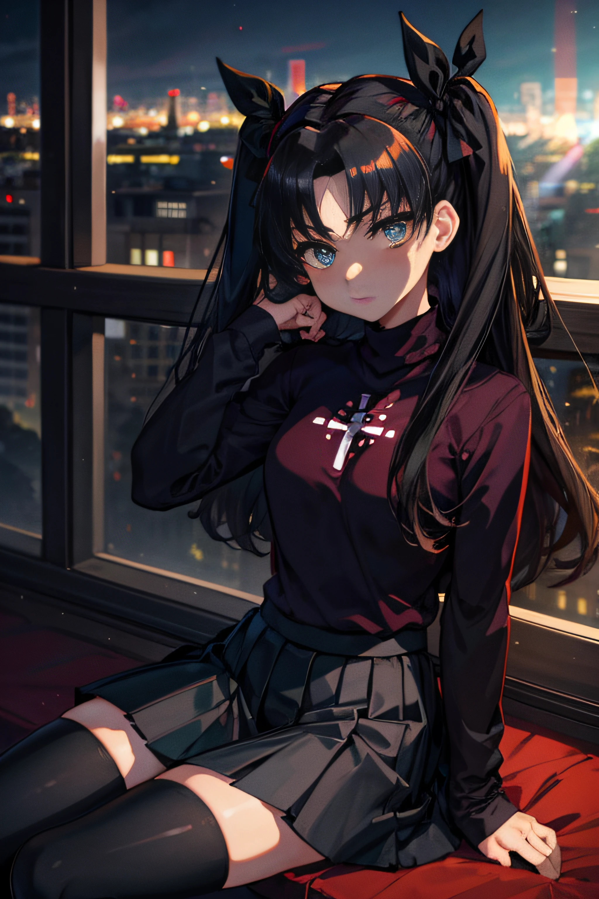 (masterpiece), best quality, expressive eyes, perfect face, 1girl, solo, rintohsaka, rin tohsaka, aqua eyes, black hair, hair ribbon, long hair, ribbon, sidelocks, two side up, black skirt, black thighhighs, long sleeves, miniskirt, pleated skirt, ((red sweater)), skirt, sweater, thighhighs, turtleneck, city background, sitting, character sheet, upper body, portrait, looking at viewer