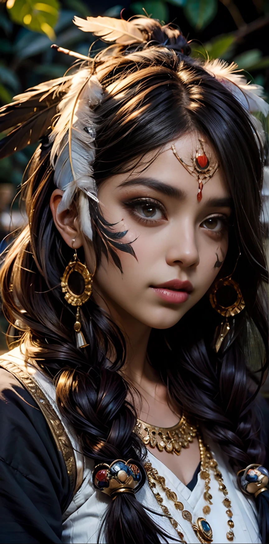 India Mysterious Big Bright Black Eyes, brown skin, long hair, feather on the head and face paint