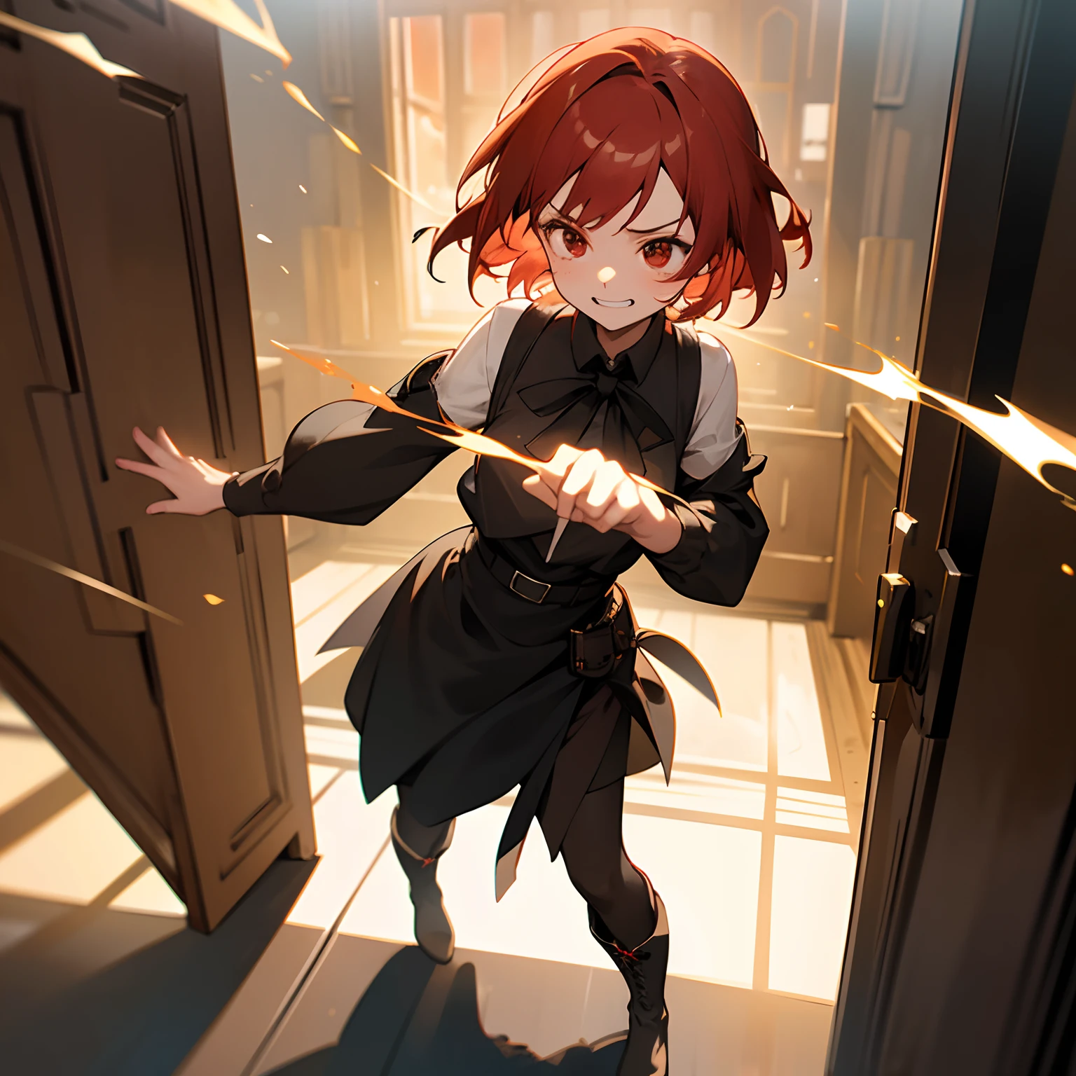 Perfect Detail,8K image quality,1 girl in, In front of the iron door,Niō Standing,Short red hair, Jubilant face,perfect hand,better shadows, Better light, Improved facial detail, Red Eyes, Black airy blouse, blitzkrieg, Leather boots.active movement,spark of light,emotive(saddened)